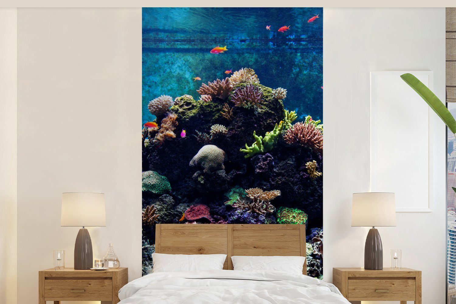 MuchoWow Fototapete Aquarium mit tropischen Fischen und Korallen, Matt, bedruckt, (2 St), Vliestapete für Wohnzimmer Schlafzimmer Küche, Fototapete