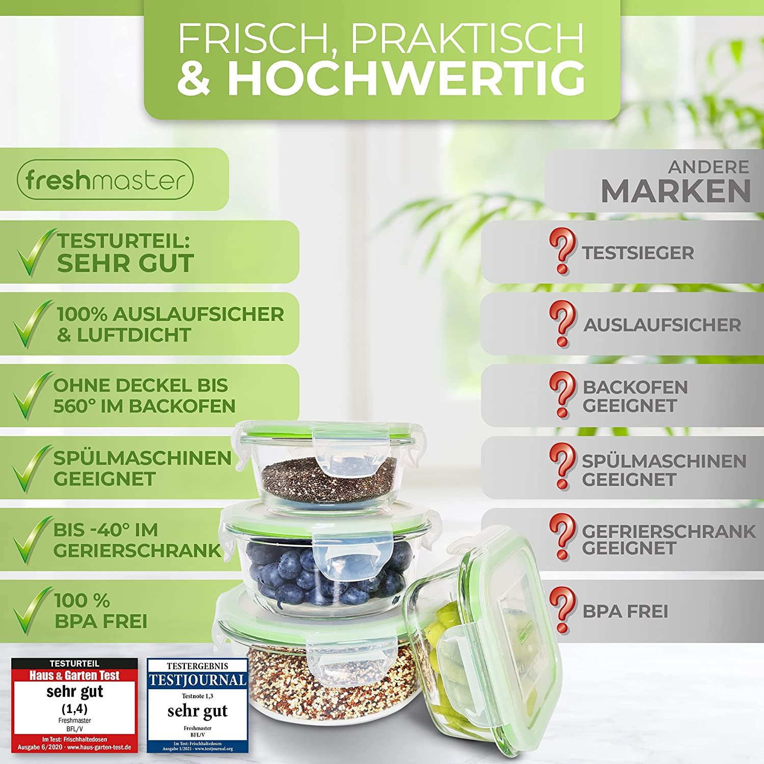 Fresh Master Frischhaltedose 18 tlg. Glas Vorratsdosen Set Frischhaltedosen auslaufsicher luftdicht, Borosililatglas, (Spar-Set, 18-tlg), 100% auslaufsichere +  – Bild 5 von 5