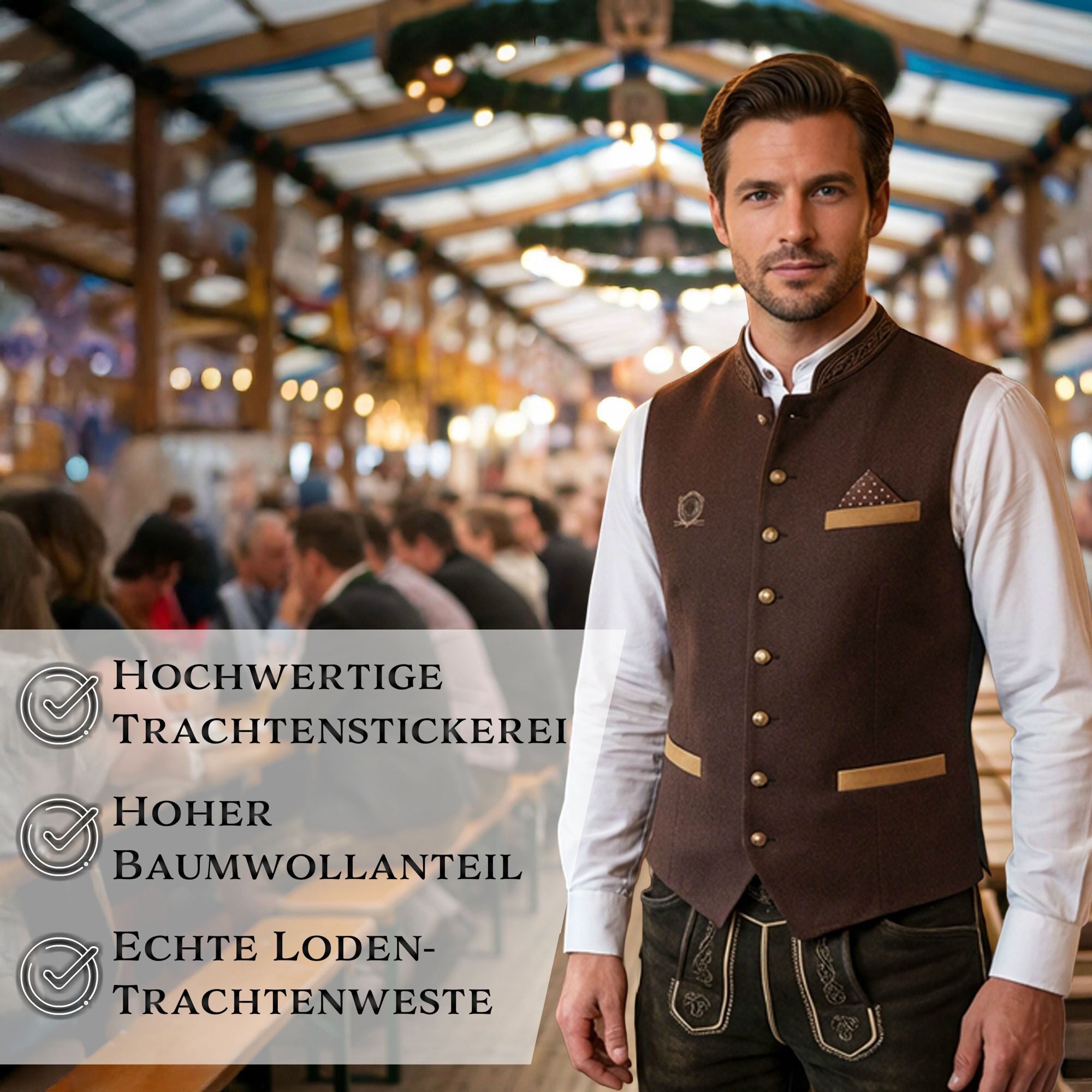 Steigenhöfer Manufaktur Trachtenweste Herren aus Baumwolle - Verstellbarer Rückenriegel - Tiefe Taschen Traditionelle Kugelknöpfe - Einstecktuch - Für ihr Oktoberfest Outfit