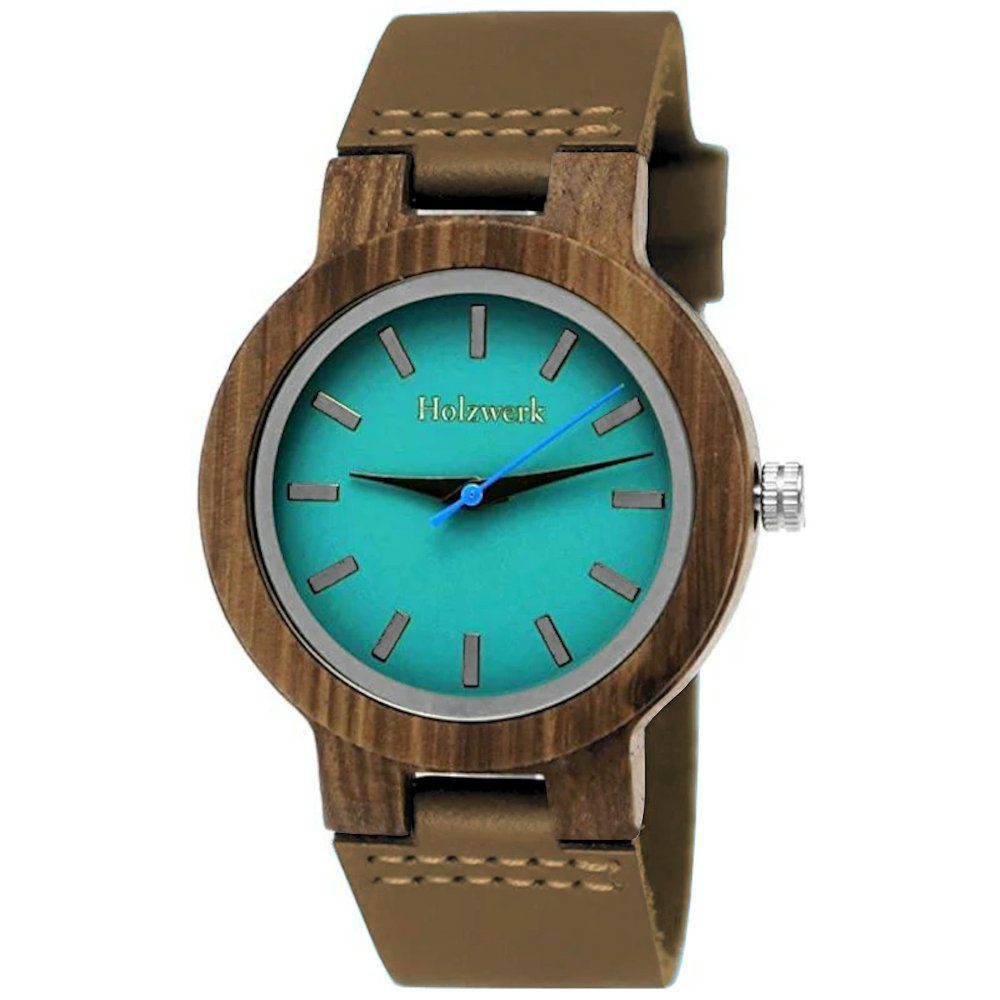 Holzwerk Quarzuhr LIL NAILA kleine Damen Leder & Holz Armband Uhr in braun & türkis blau