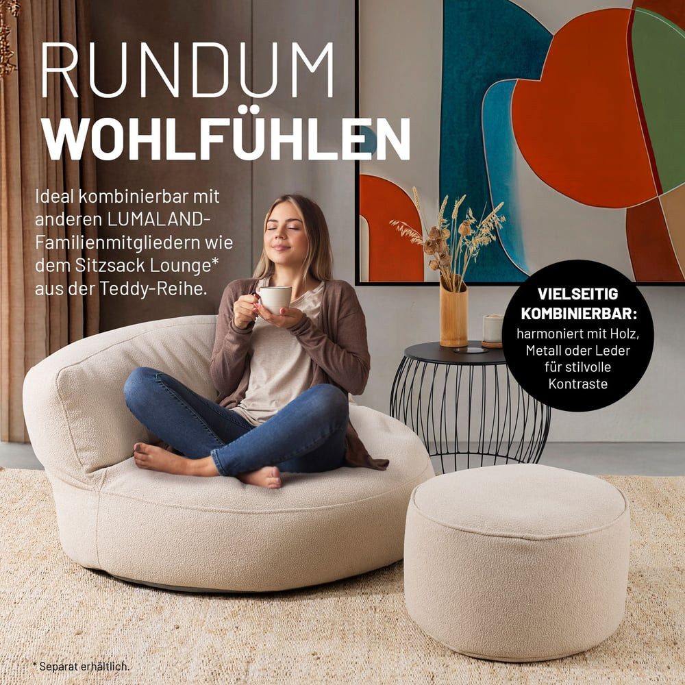 Lumaland Pouf Sitzsack Pouf Teddy 50L, Indoor-Bezug - weich waschbar - perfekt fürs moderne Zuhause