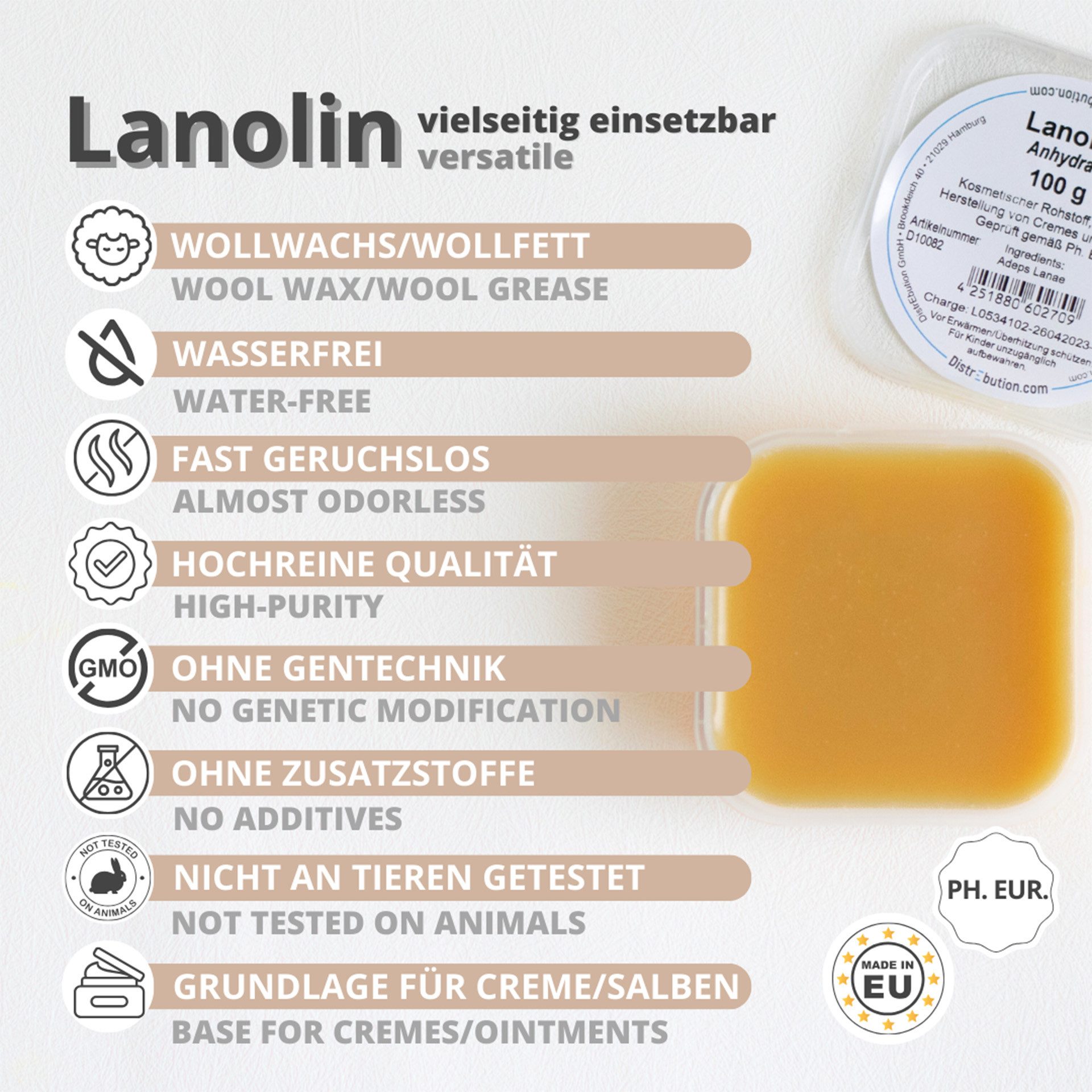 DistrEbution Körperpflegemittel Lanolin Anhydrat natürliche Hautpflege, pestizidfreies Wollwachs, Geruchsarm
