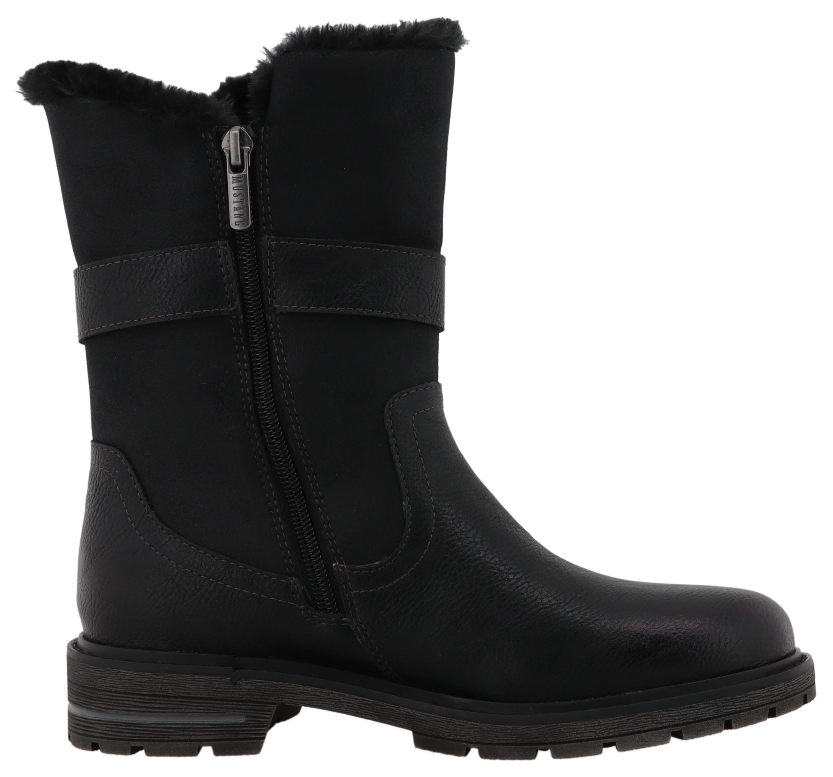Mustang Shoes Bienke Winterstiefel Biker Boots mit Blockabsatz und Zierriemchen