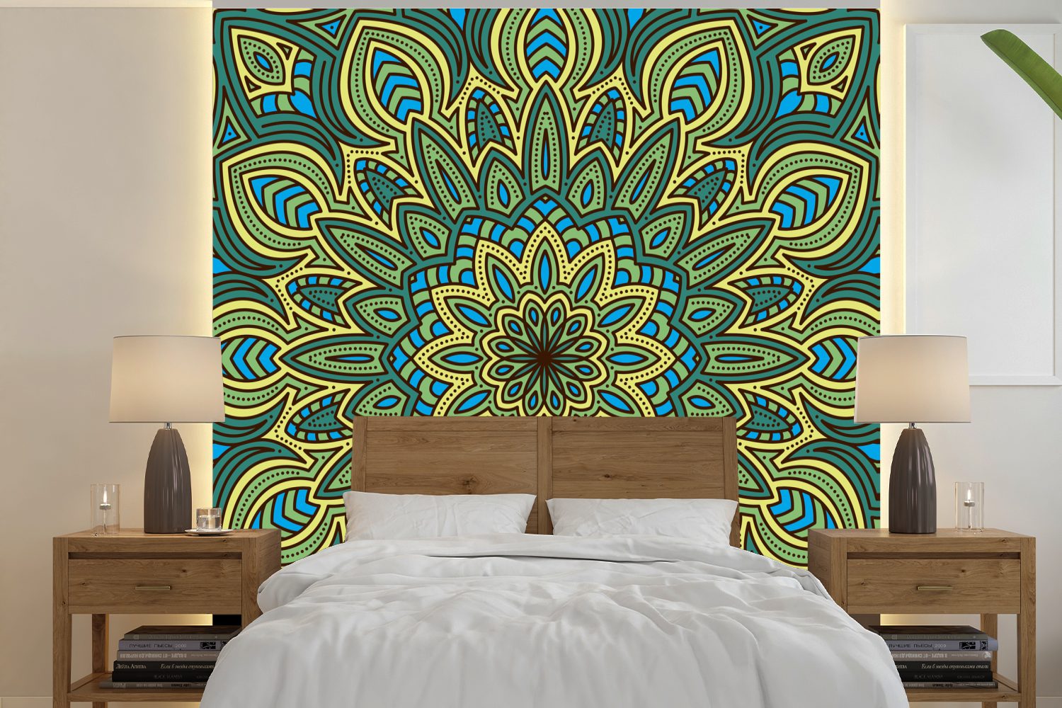 MuchoWow Fototapete Mandala mit floralen Details, Matt, bedruckt, (5 St), Vinyl Tapete für Wohnzimmer oder Schlafzimmer, Wandtapete
