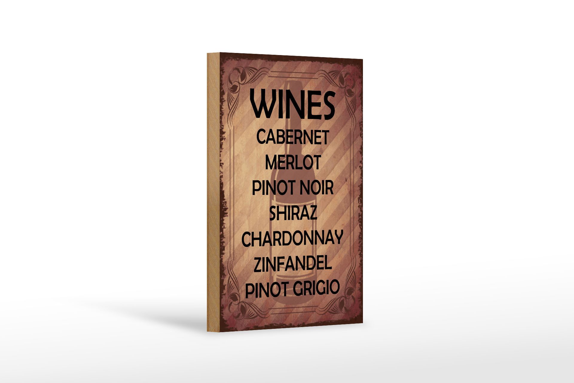 Femer GmbH Holzbild Alkohol 12x18 cm Wines 7 Weinsorten aufgelistet, (1 St), Glatte Holzfaserplatte (MDF), vorn beschichtet