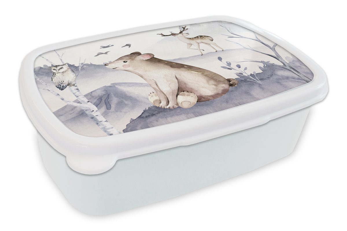 MuchoWow Lunchbox Winter - Schnee - Tiere, Kunststoff, (2-tlg), Brotbox für Kinder und Erwachsene, Brotdose, für Jungs und Mädchen weiß