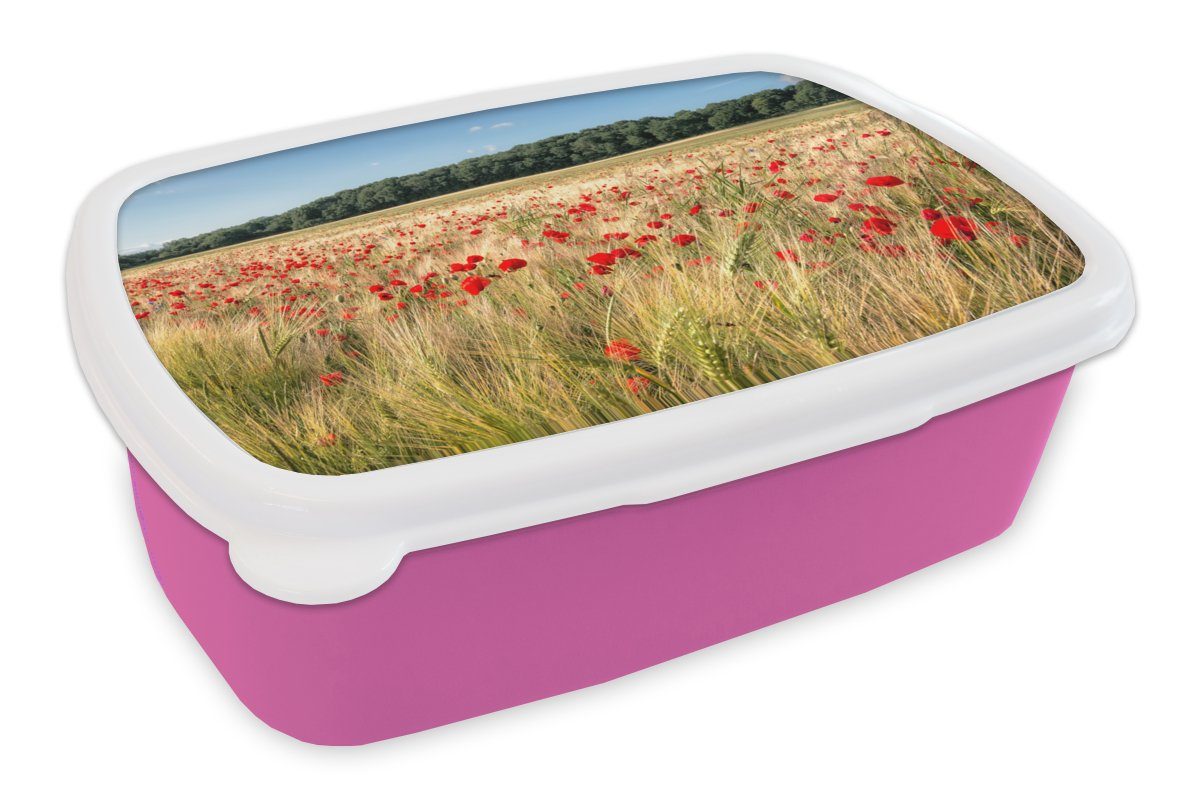 MuchoWow Lunchbox Wilde Mohnblumen rosa Feld, (2-tlg), Kunststoff Kunststoff, Kinder, großen Mädchen, Erwachsene, Brotbox einem Snackbox, für auf Brotdose