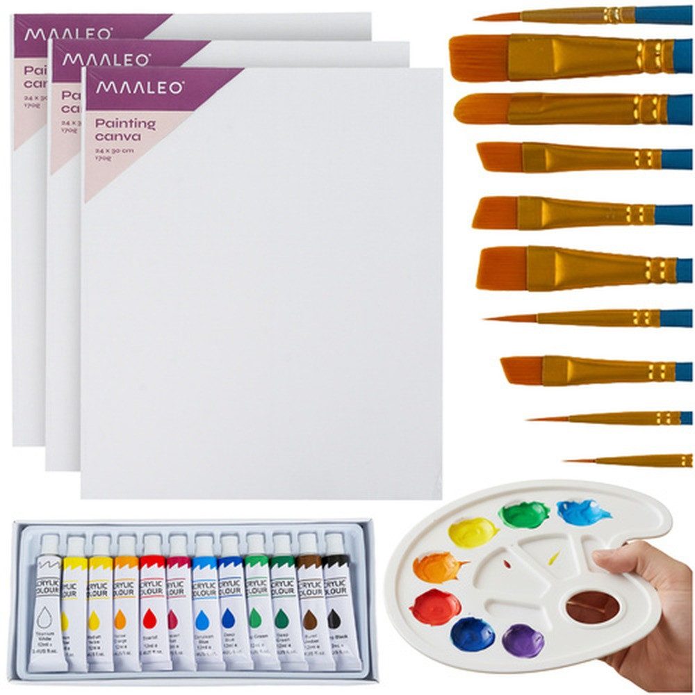 MAALEO Malpalette Malset Leinwand Pinsel Palette, Enthält Acrylfarben, 10 Pinsel, 3 Baumwollleinwände und eine Palette