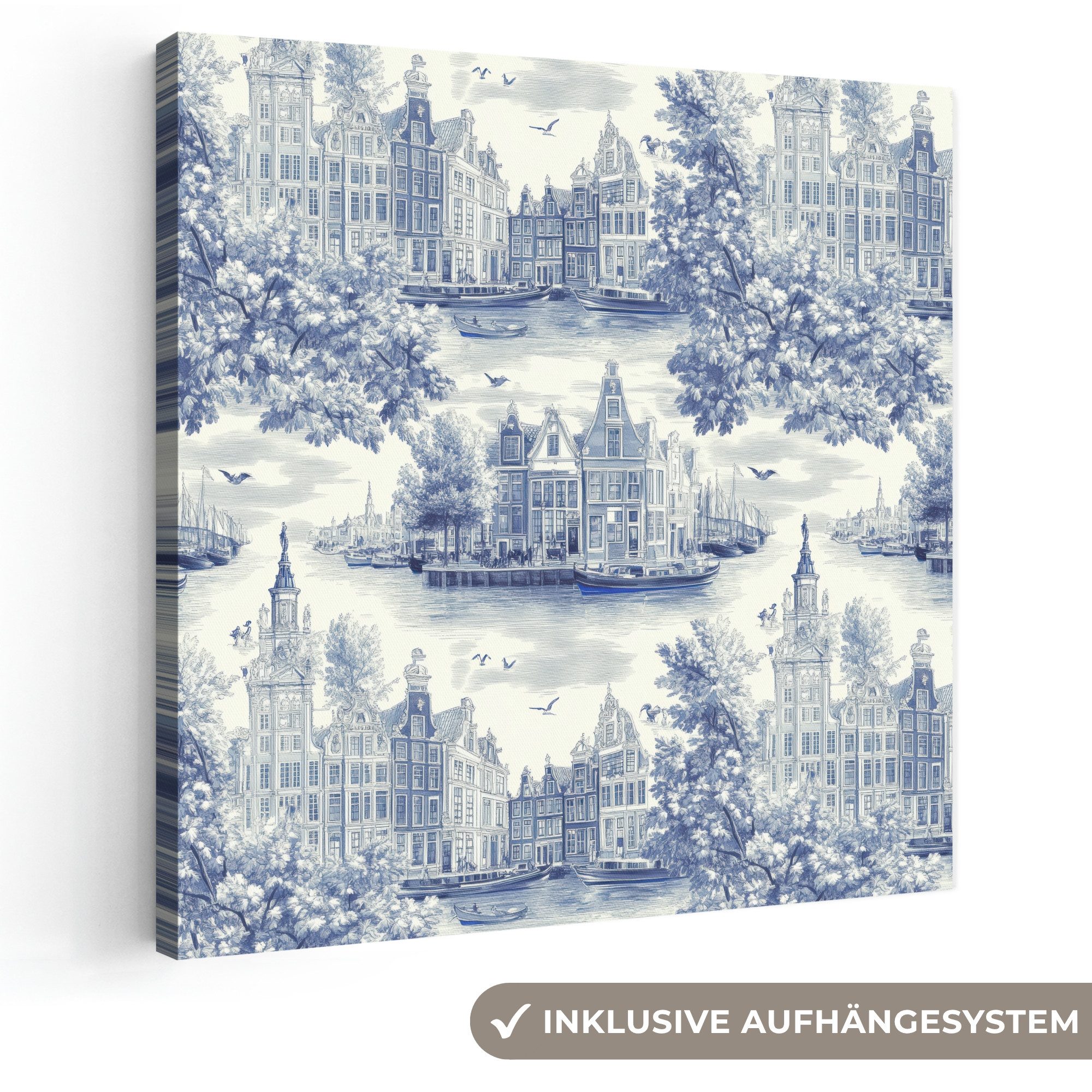 OneMillionCanvasses® Leinwandbild Häuser - Bäume - Wasser - Vögel - Blau, Fotodruck (1 St), Wandbild, Deko Schlafzimmer Wohnzimmer Flur 20x20 cm