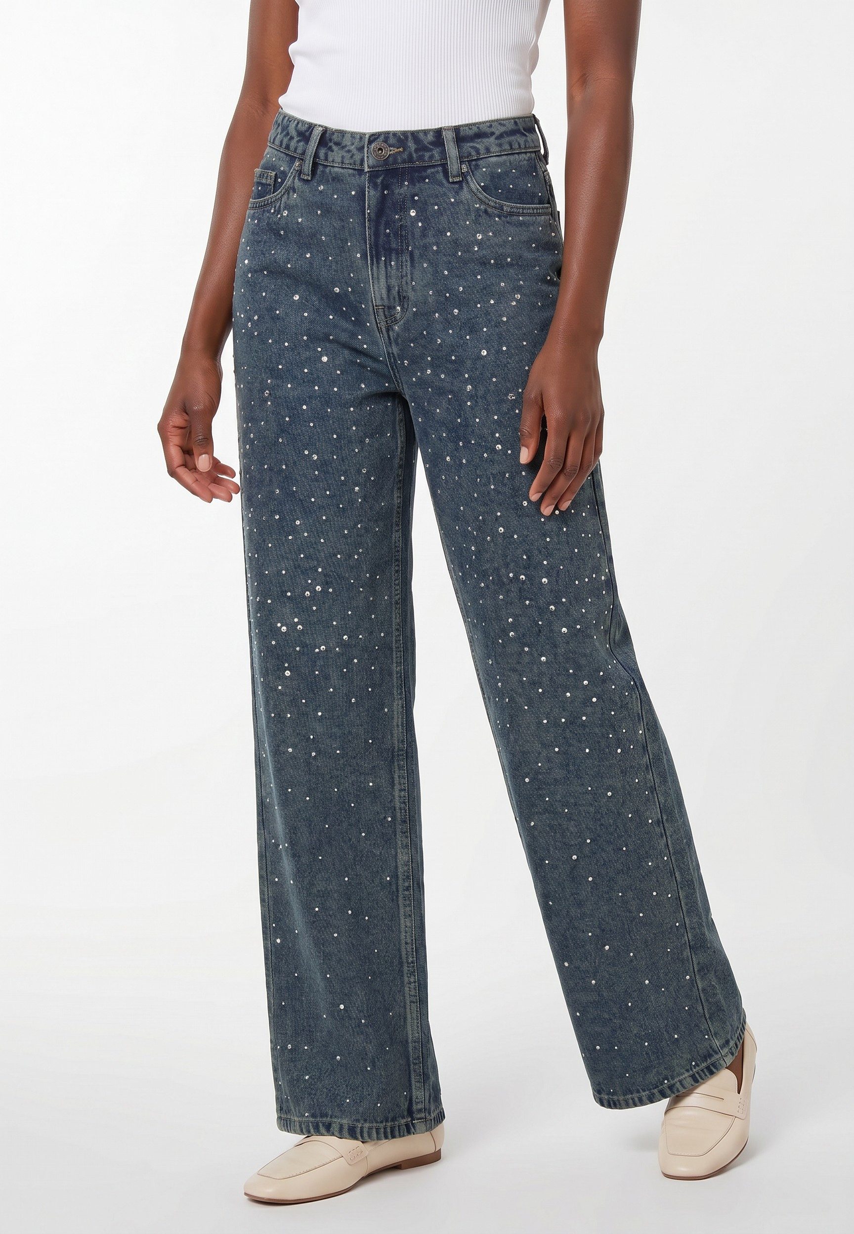 Eight2Nine High-waist-Jeans Damen Wide Leg Jeans mit Strassverzierung Denimhose, silberfarbene Nieten vorne