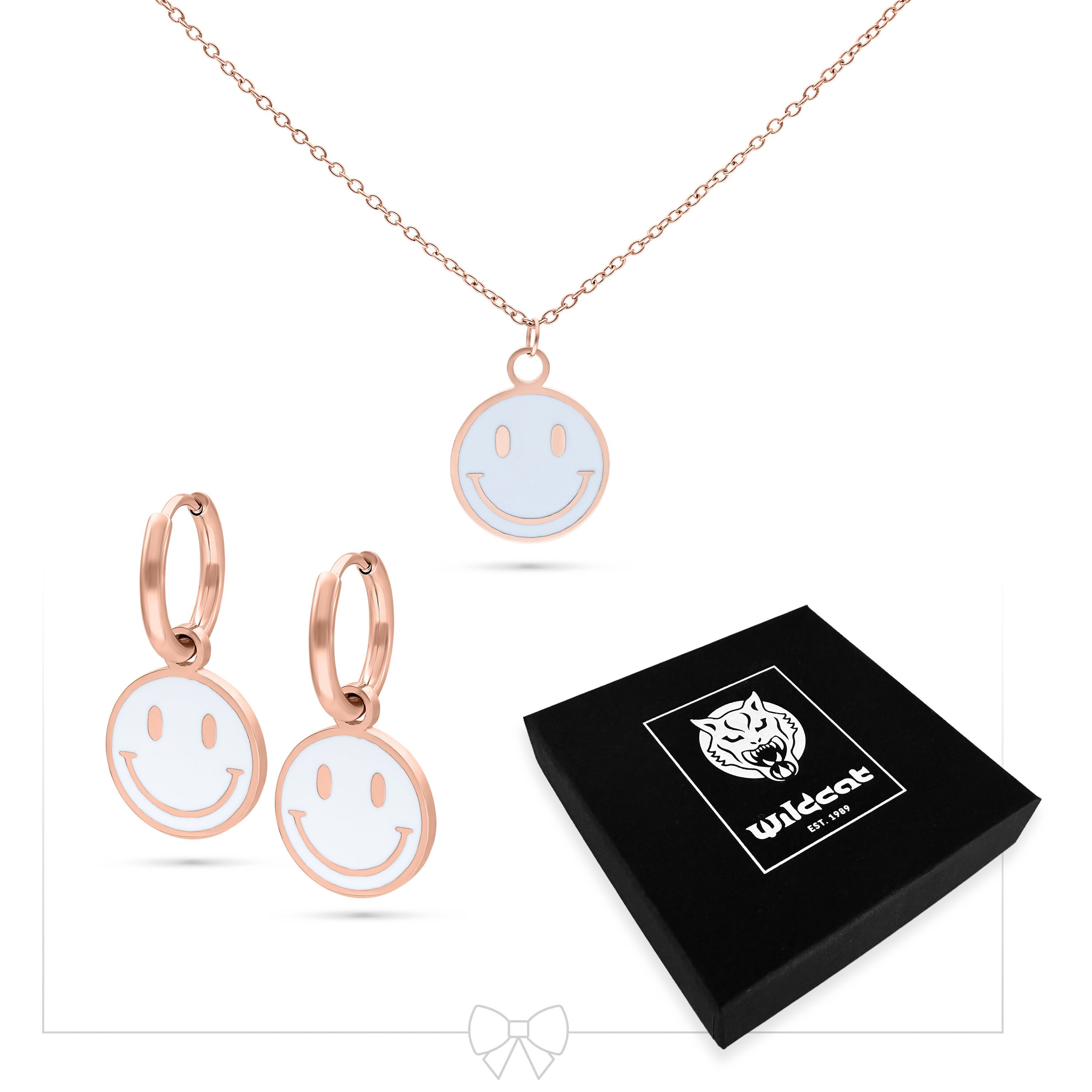 Wildcat Schmuckset Little White Smiley Necklace with Hoops Set für Ohr, 1 Stück, Chirurgenstahl 316L - wasserfest, hautverträglich, Roségold