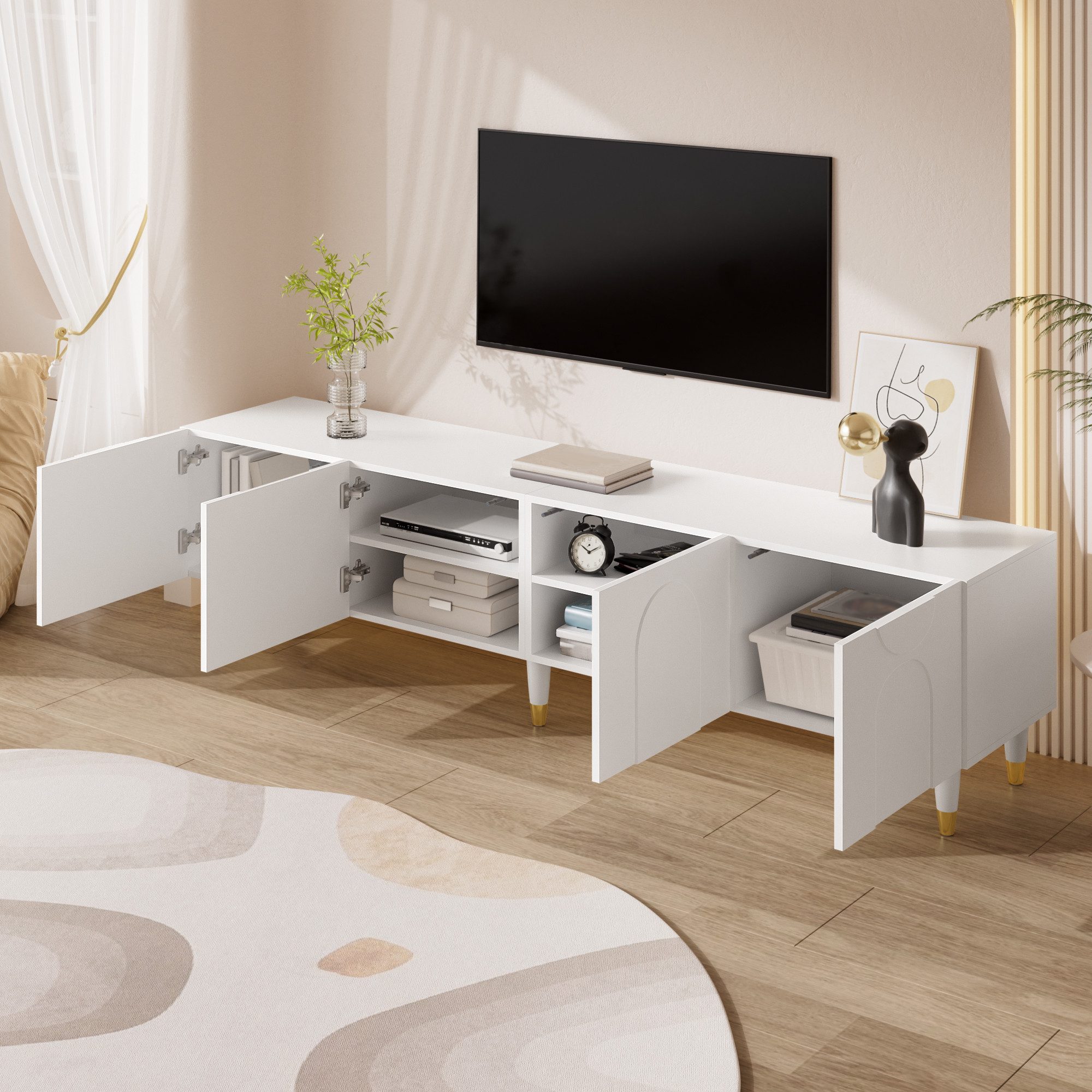STILVORA Lowboard TV-Schrank in Weiß TV Stander mit Massivholzbeine (4 Türen, asymmetrisches Relief, Kabeldurchlass, Massivholzbeine, offene Fächer, pflegeleicht, stabile Konstruktion), für Wohnzimmer, TV-Bereiche und moderne Wohnräume