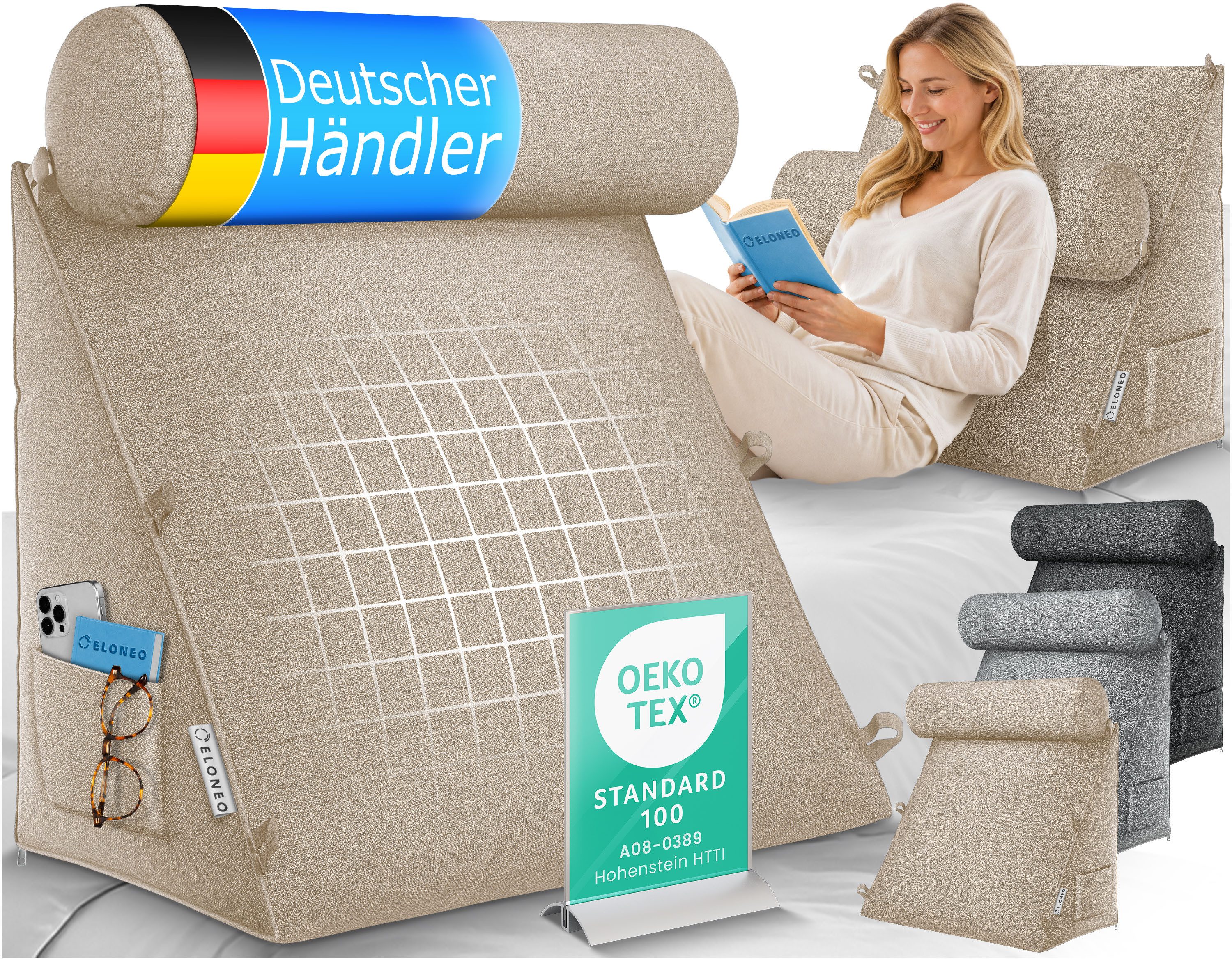 ELONEO Rückenkissen mit Nackenrolle für Bett & Sofa, 55x50x30cm, waschbarer Bezug