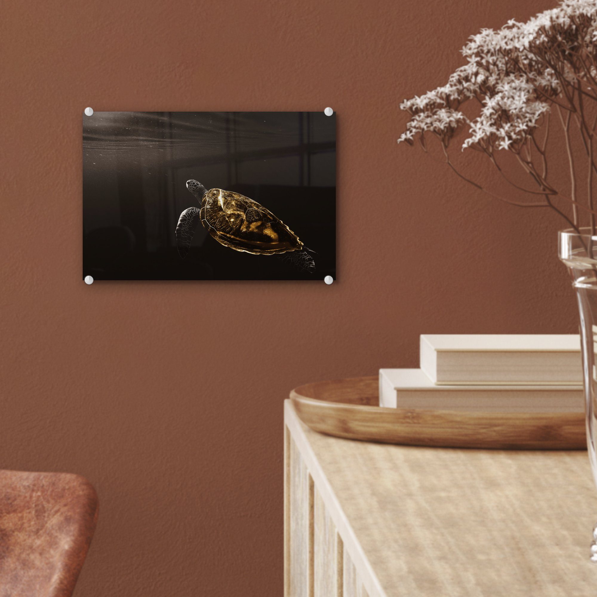 Wanddekoration Bilder St), auf Foto Acrylglasbild (1 Gold, - Glasbilder Glas - - Wandbild Schwarz MuchoWow Schildkröte auf - Glas -