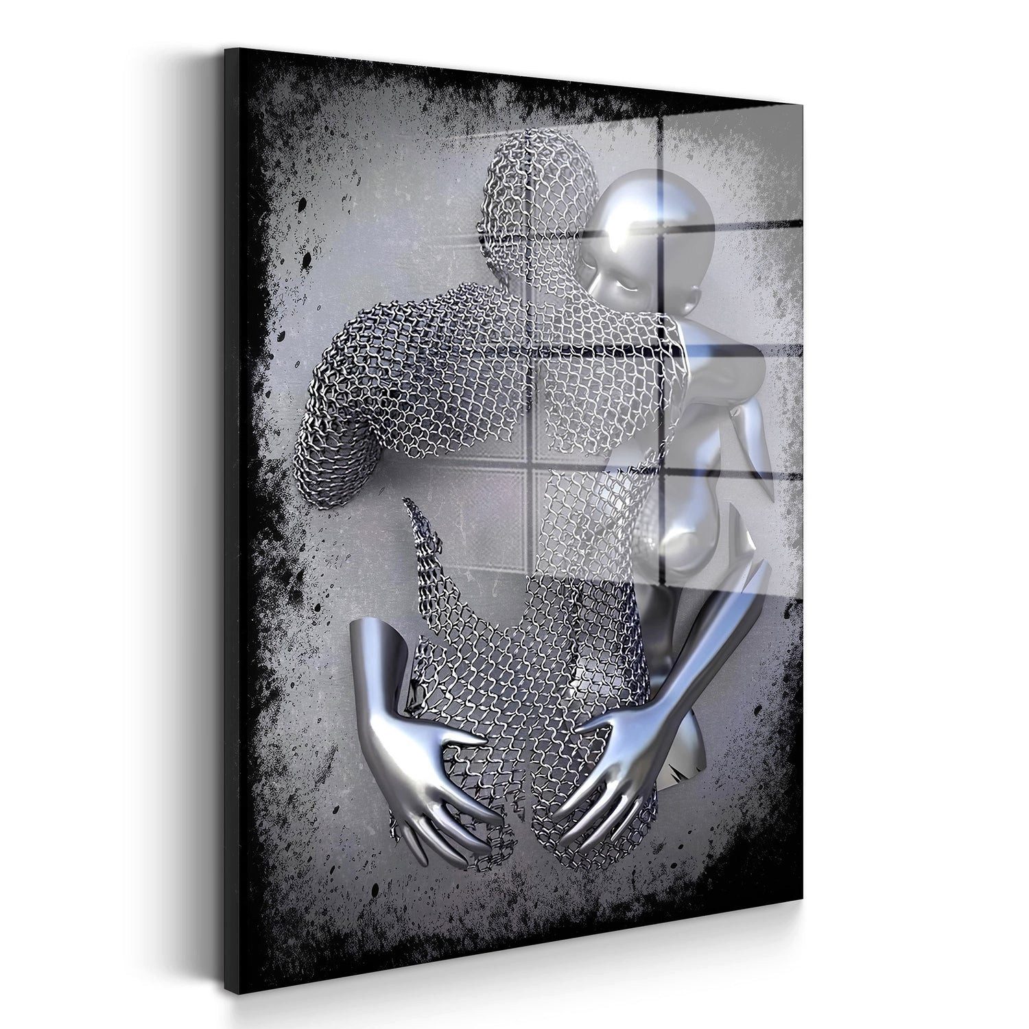 Artedinoi Acrylglasbild Metallfiguren Acrylglasbild Wandbild Abstrakt Silber Liebe XXL, Zwei Metallfiguren in inniger Umarmung als Skulpturmotiv