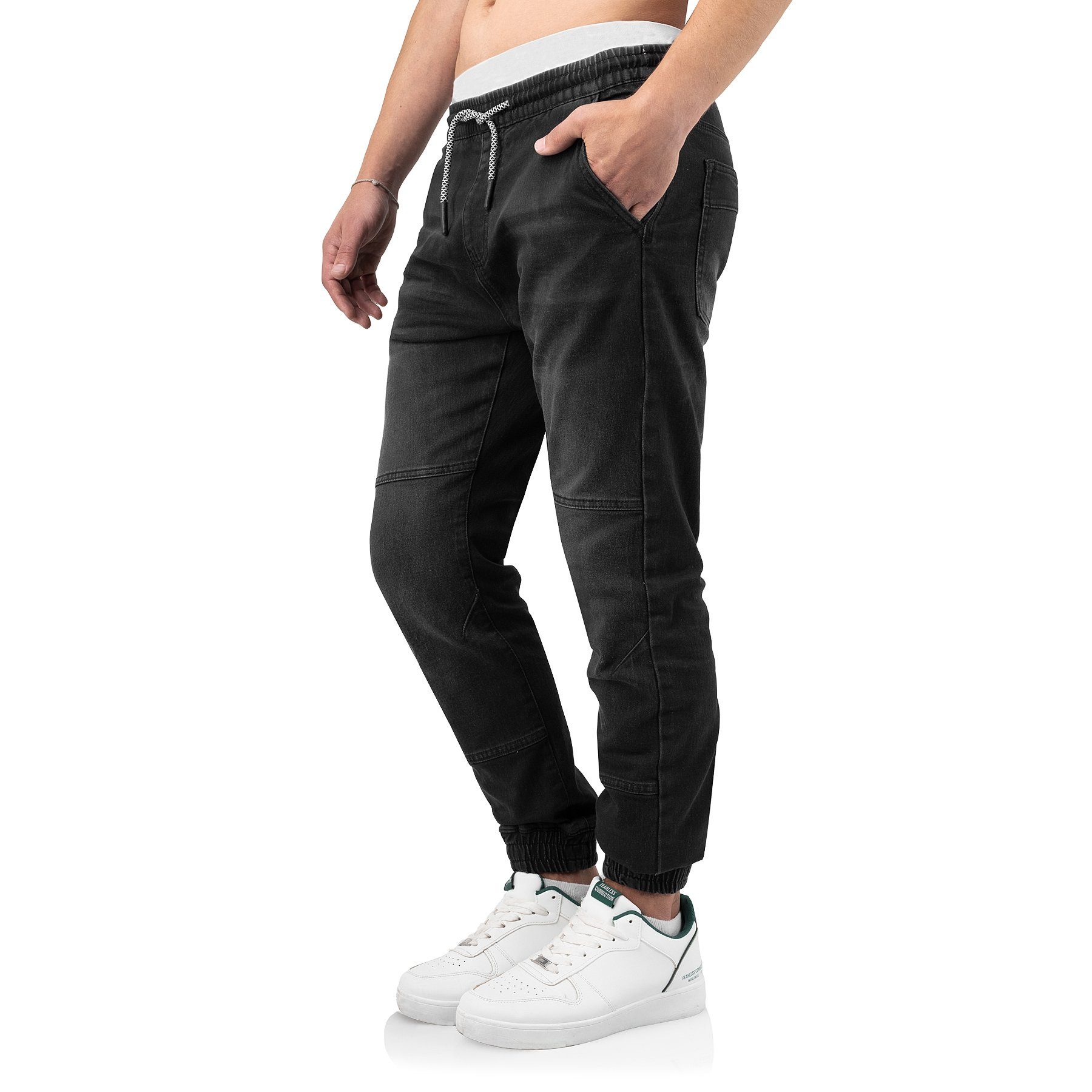 Indicode in Vintage mit Bund Jeansoptik Freizeithose elastischem bequeme Black Oltjon Schlupfhose lässige