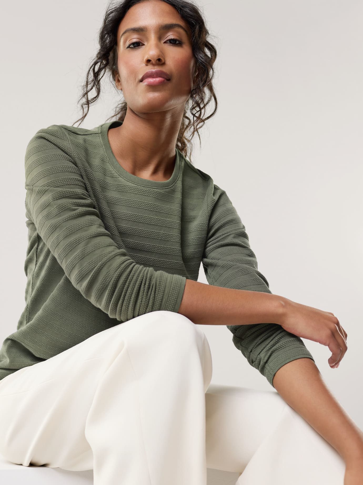 Walbusch T-Shirt Damen Baumwollshirt Reliefstruktur Rundhals Langarm Pflegeleicht und elastisch, Offwhite, dezente Streifenoptik