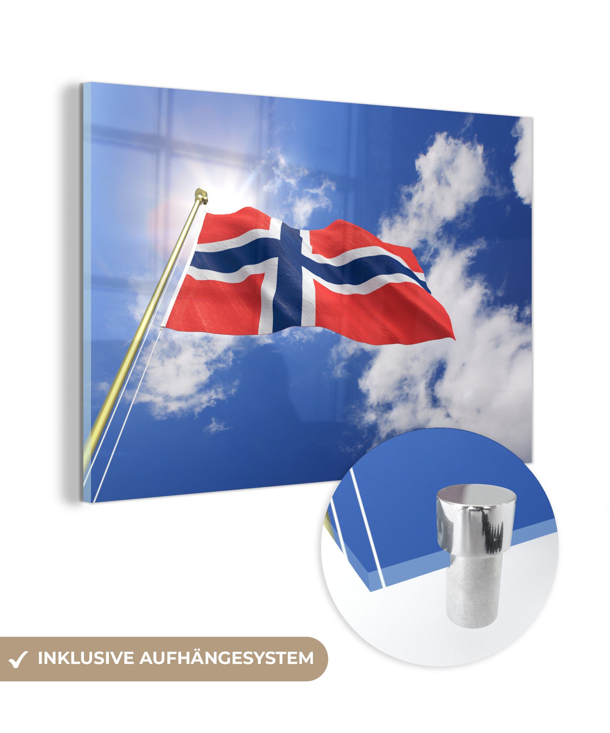 MuchoWow Acrylglasbild Flagge von Norwegen mit blauem Himmel, (1 St), Acrylglasbilder Wohnzimmer & Schlafzimmer