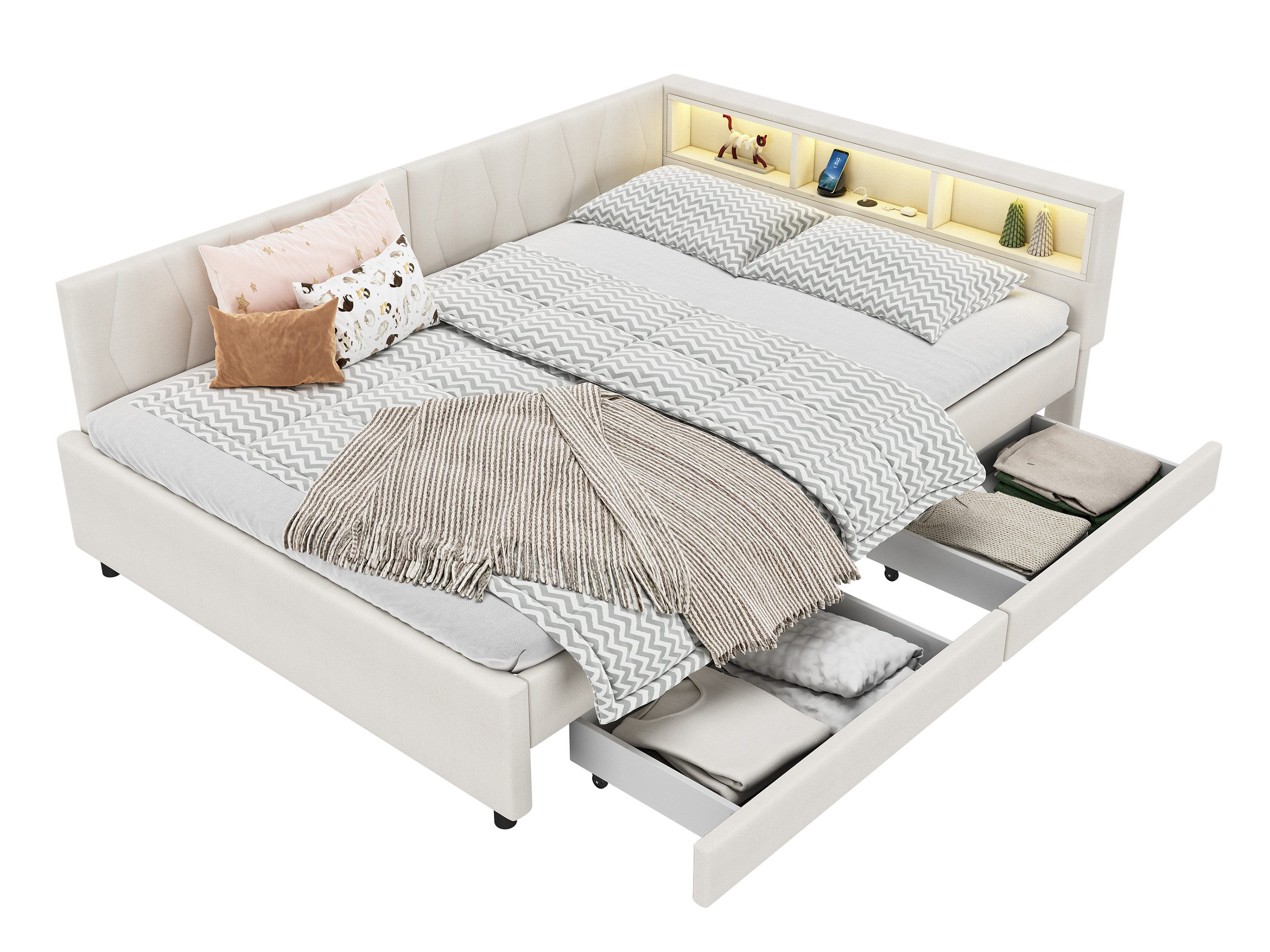 SeedWave Daybett Polsterbett mit Schubladen, Leinenbezug, LED-Beleuchtung, Ladefunktion, 140x200cm Stauraumbett mit Schubladen und Regalfächern