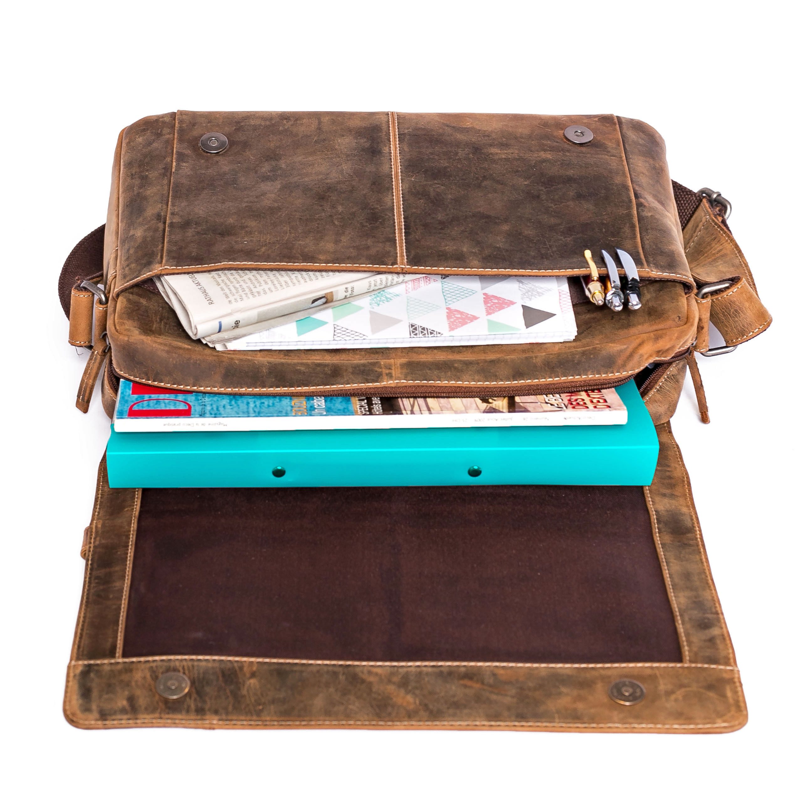 ALMADIH Umhängetasche Leder Umhängetasche DYLAN Ledertasche 15 Zoll Aktentasche braun