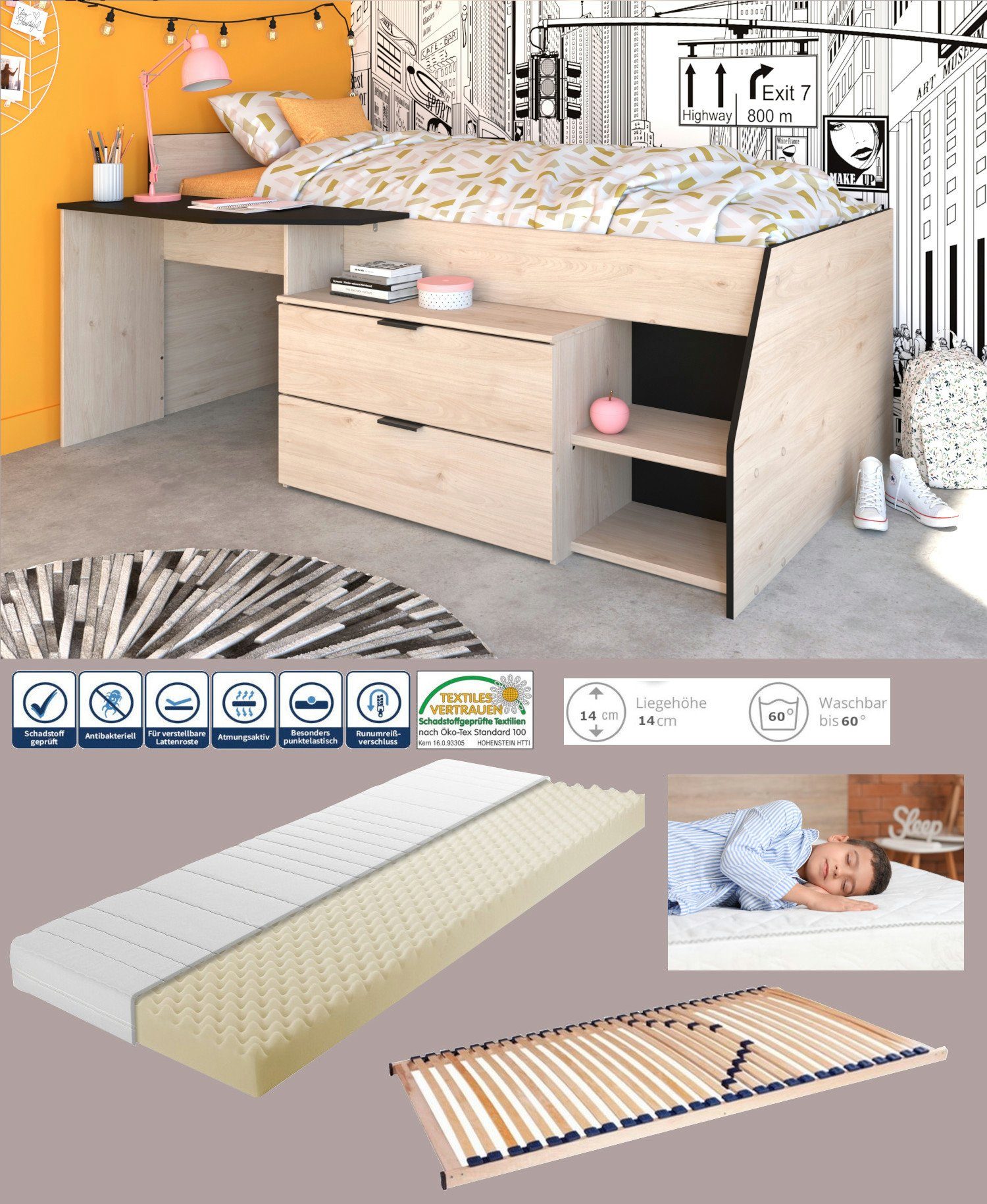Kinderbett mit Schreibtisch & Stauraum - 90 x 190/200 cm - Weiß & Naturfarb günstig online kaufen