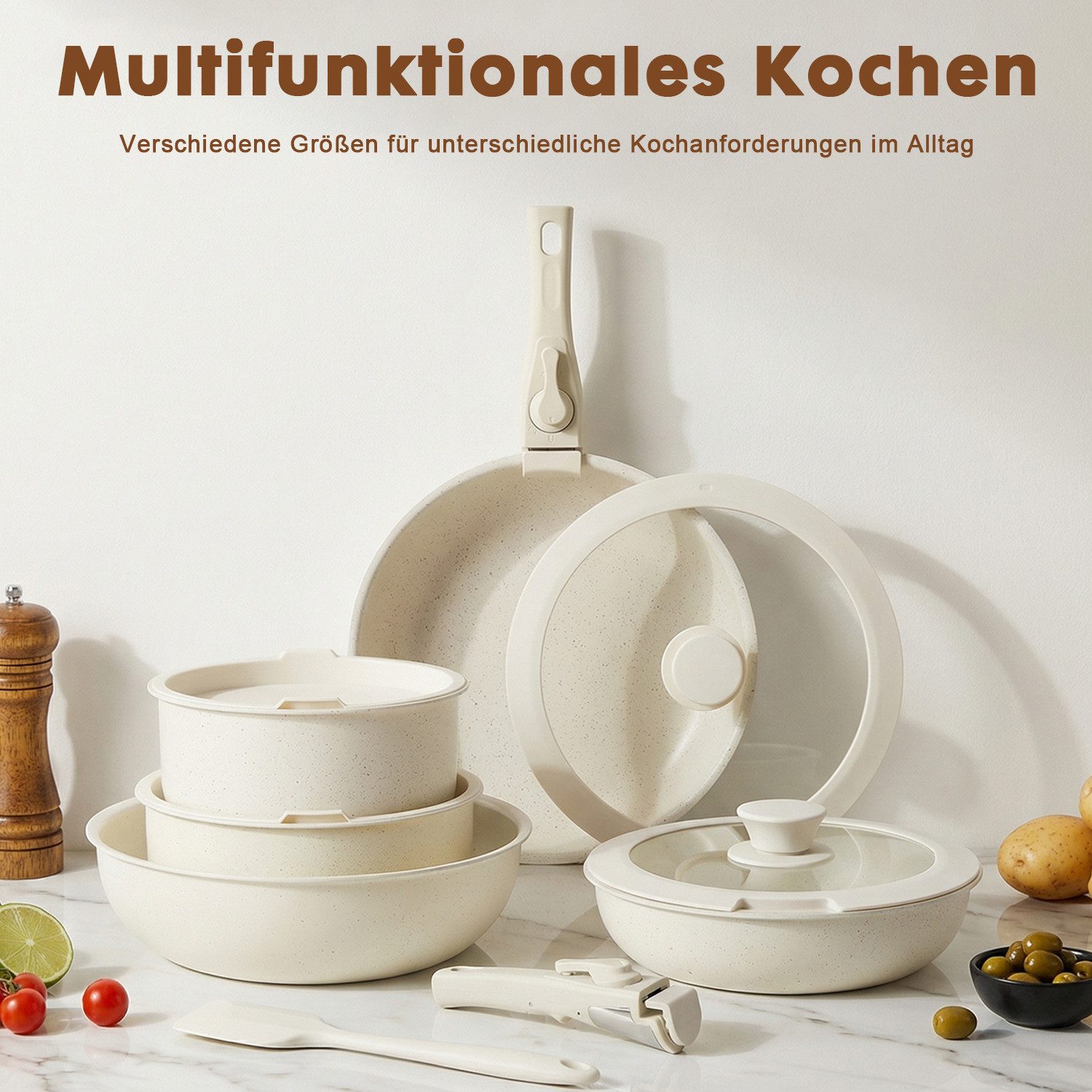 DUMOS Topf-Set 12-tlg Kochgeschirr-Set für Induktionsherde, mit abnehmbaren Griffen.