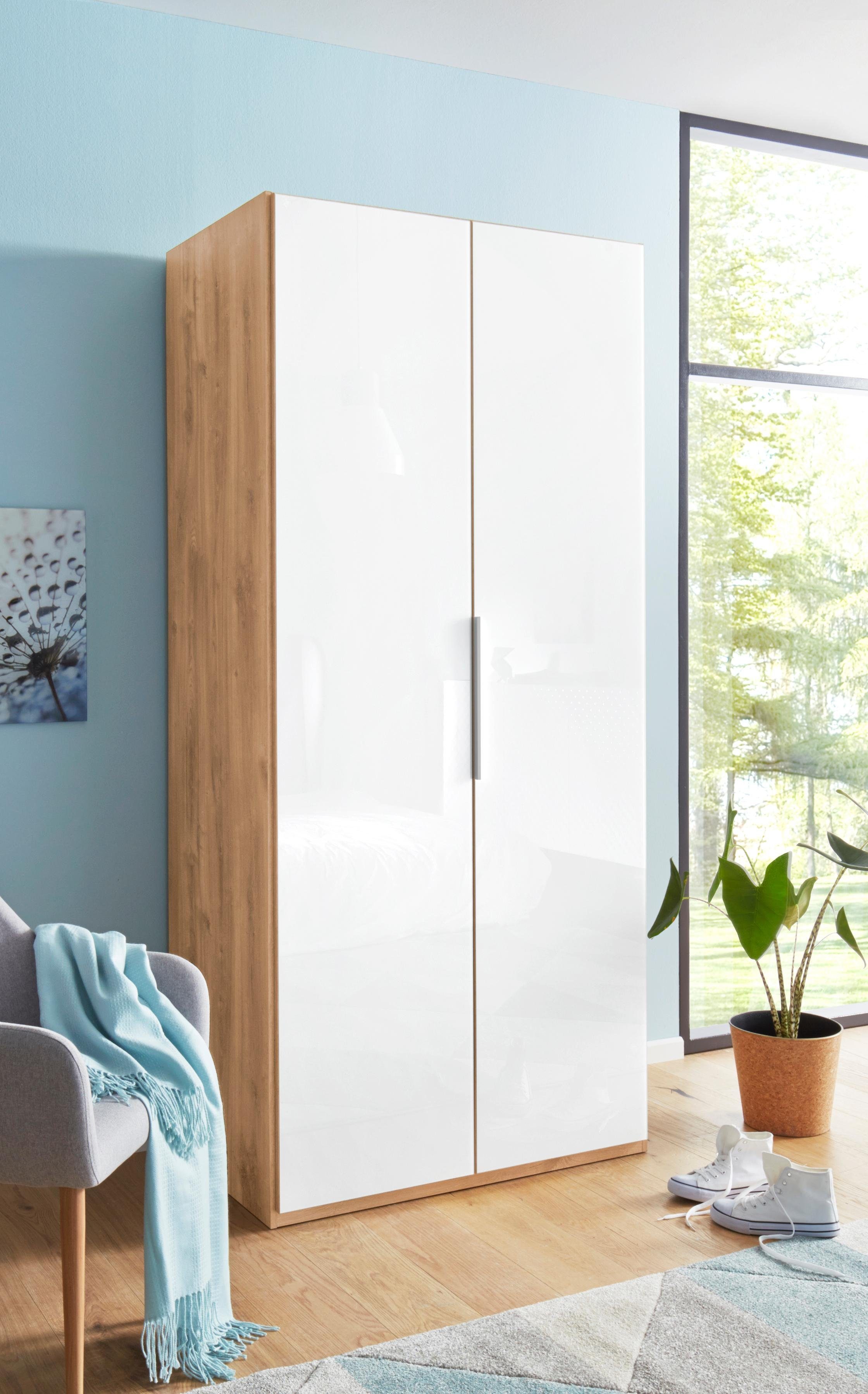 Fresh To Go Kleiderschrank Level Türen vollflächig mit farbigem Glas plankeneichefarben/Weißglas