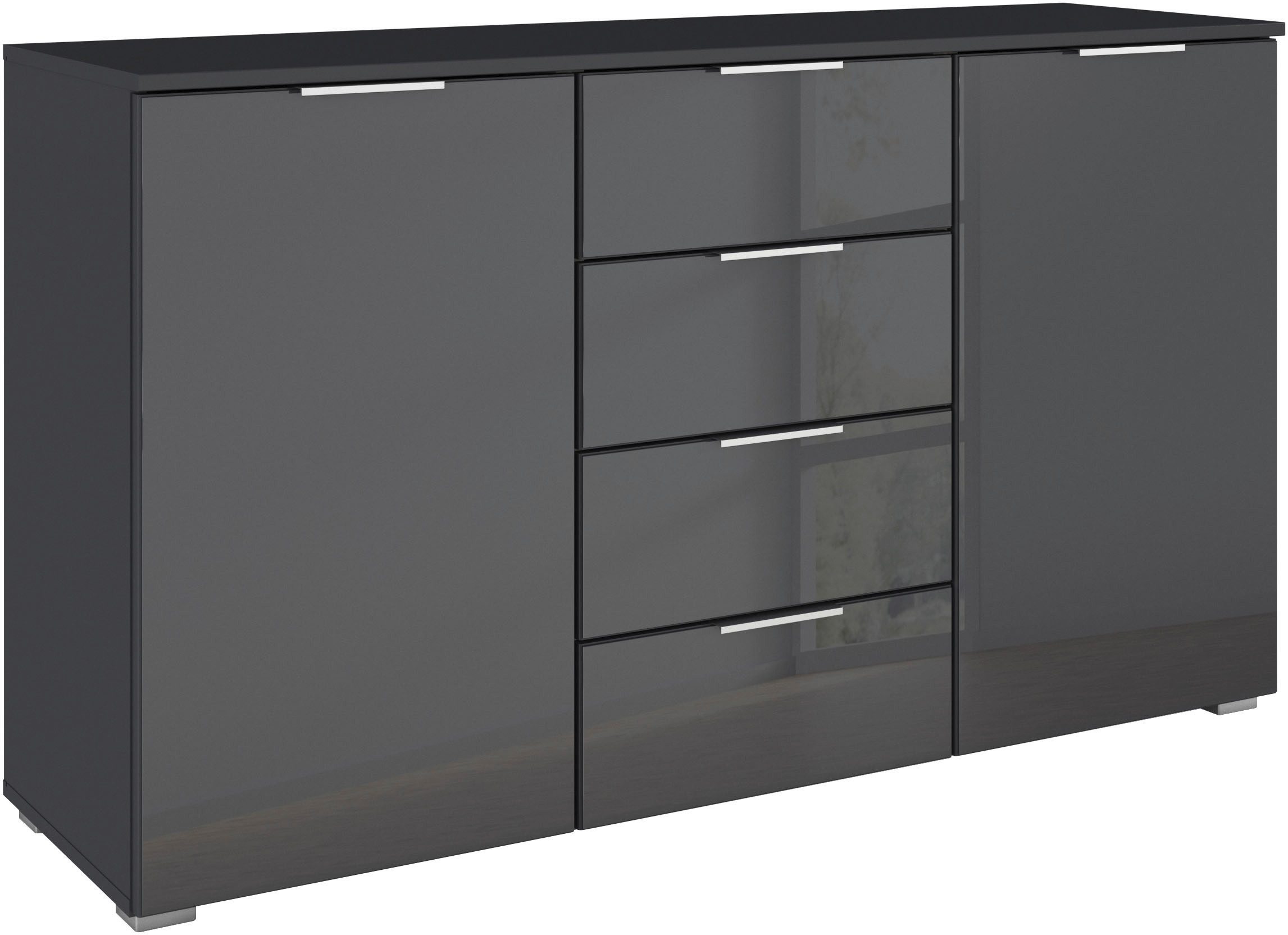 rauch Kombikommode Sideboard Kombikommode Schubladenkommode AGORDO mit Glasfront (in zwei Griff-Farben, Breite 120 cm), vier große Schubladen, mit insgesamt 4 Einlegeböden MADE IN GERMANY