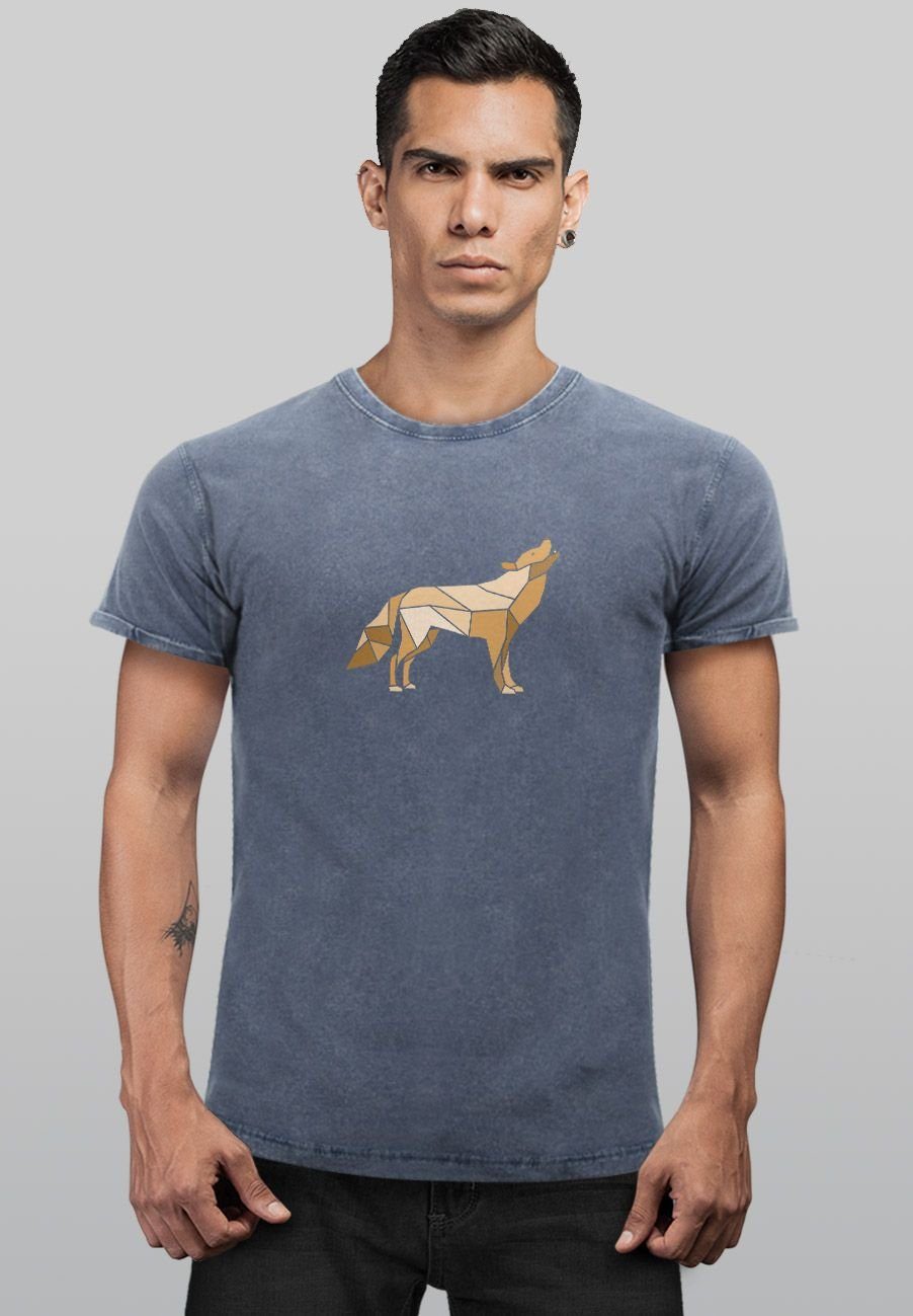 Polygon Print-Shirt Wolf Vintage Print Herren Neverless Shirt Geometrie Print Wil mit Aufdruck Outdoor blau