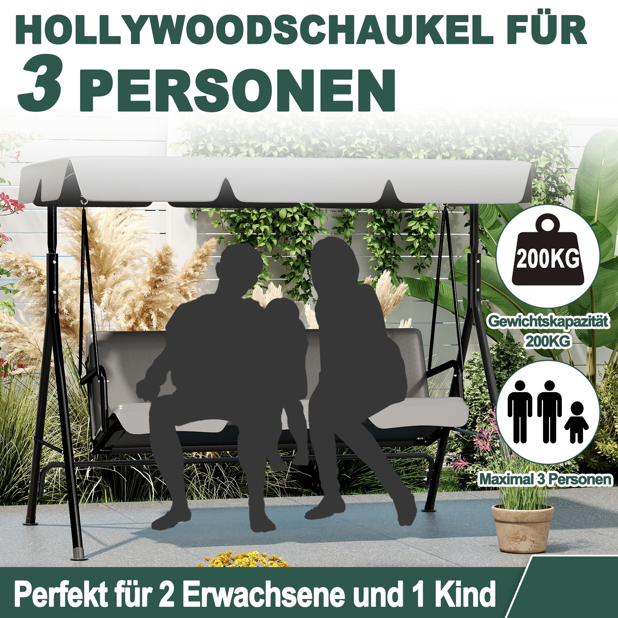 FIVMEN Hollywoodschaukel Gartenschaukel 3-Sitzer Gartenliege Schaukelbank Garten Schaukel, 176x110x152cm, Metall Hängeschaukel mit Verstellbarem Sonnendach Liegefunktion