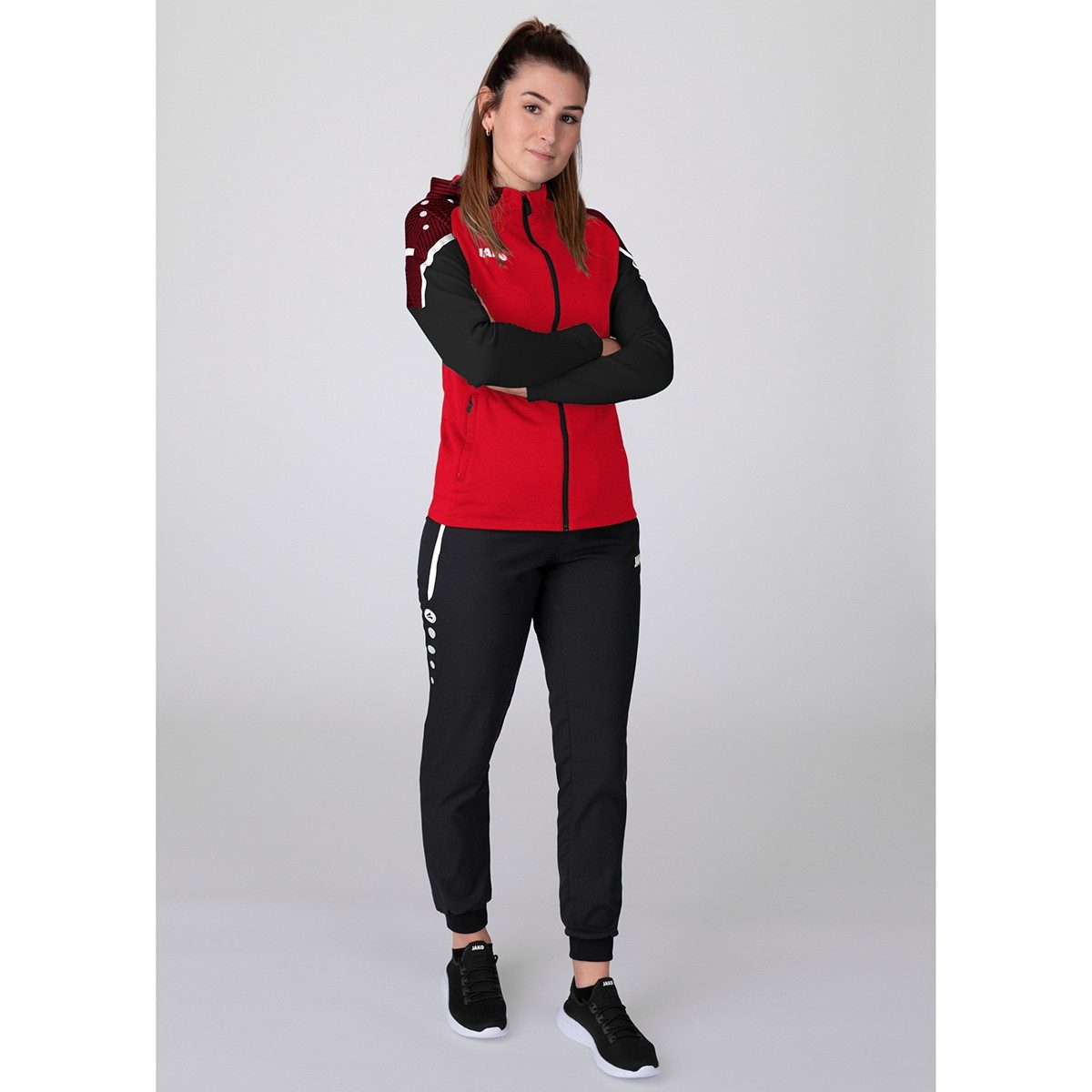 Präsentationsanzug Performance mit Kapuze (Jacke und Hose) rot/schwarz Damen