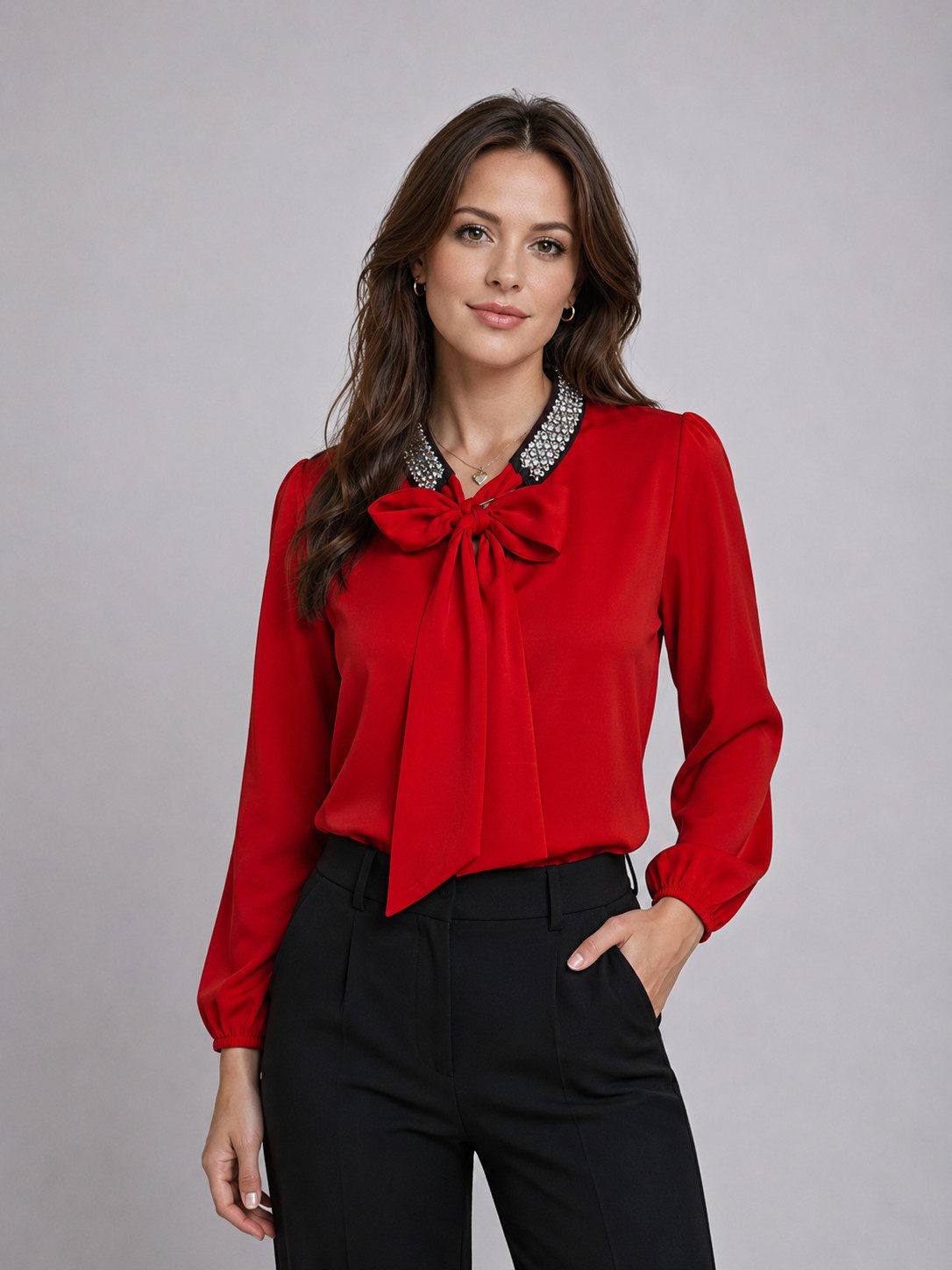 ITALY VIBES - Bluse Pilar - Schluppenbluse mit Strass - Langarmbluse mit Schleife ONE SIZE / passend für Größe XS - L