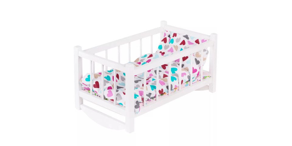 GOLDKIDS Puppenbett Naturholz Spielzeug Holzspielzeug mit Textilausrüstung (Bettwäsche Matratze), Kopfkissen Bettdecke Wiege für Puppen