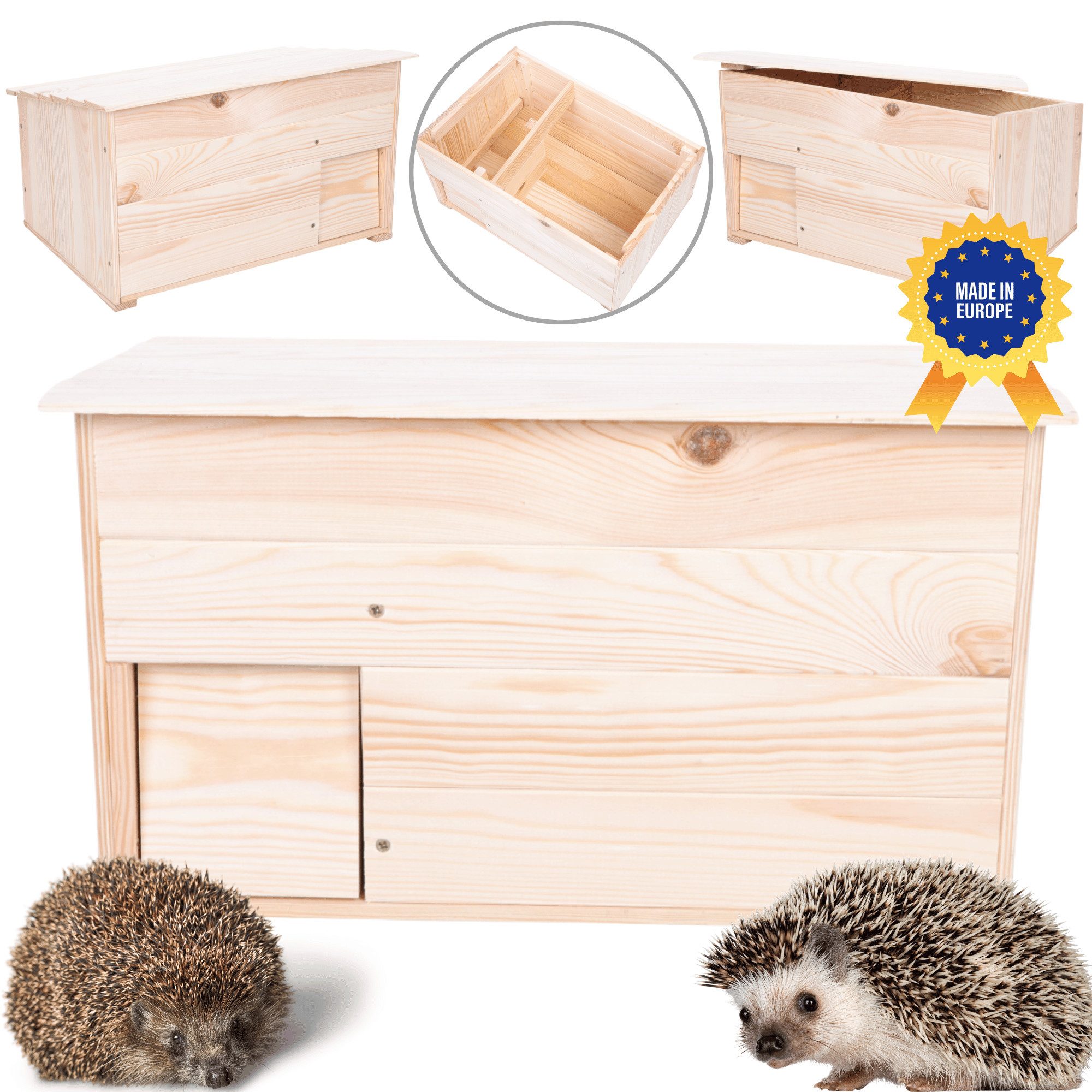 Modo24 Igelhaus aus Holz, Igelhotel mit Labyrintheingang & Dach, Winterschlaf, verschiedene Größen und Farben, Set mit Napf und Heu oder ohne