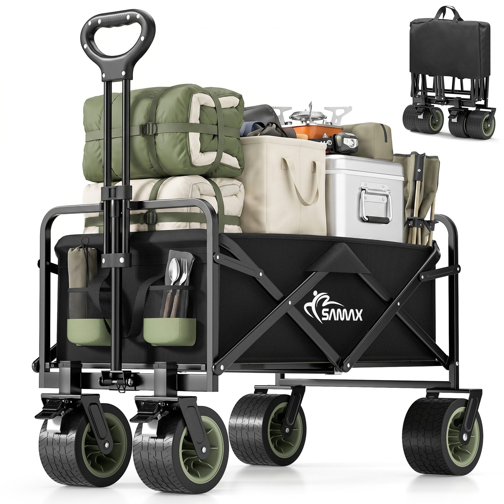 SAMAX Bollerwagen Faltbarer Offroad Camping Edition - Schwarz / Matcha Grün