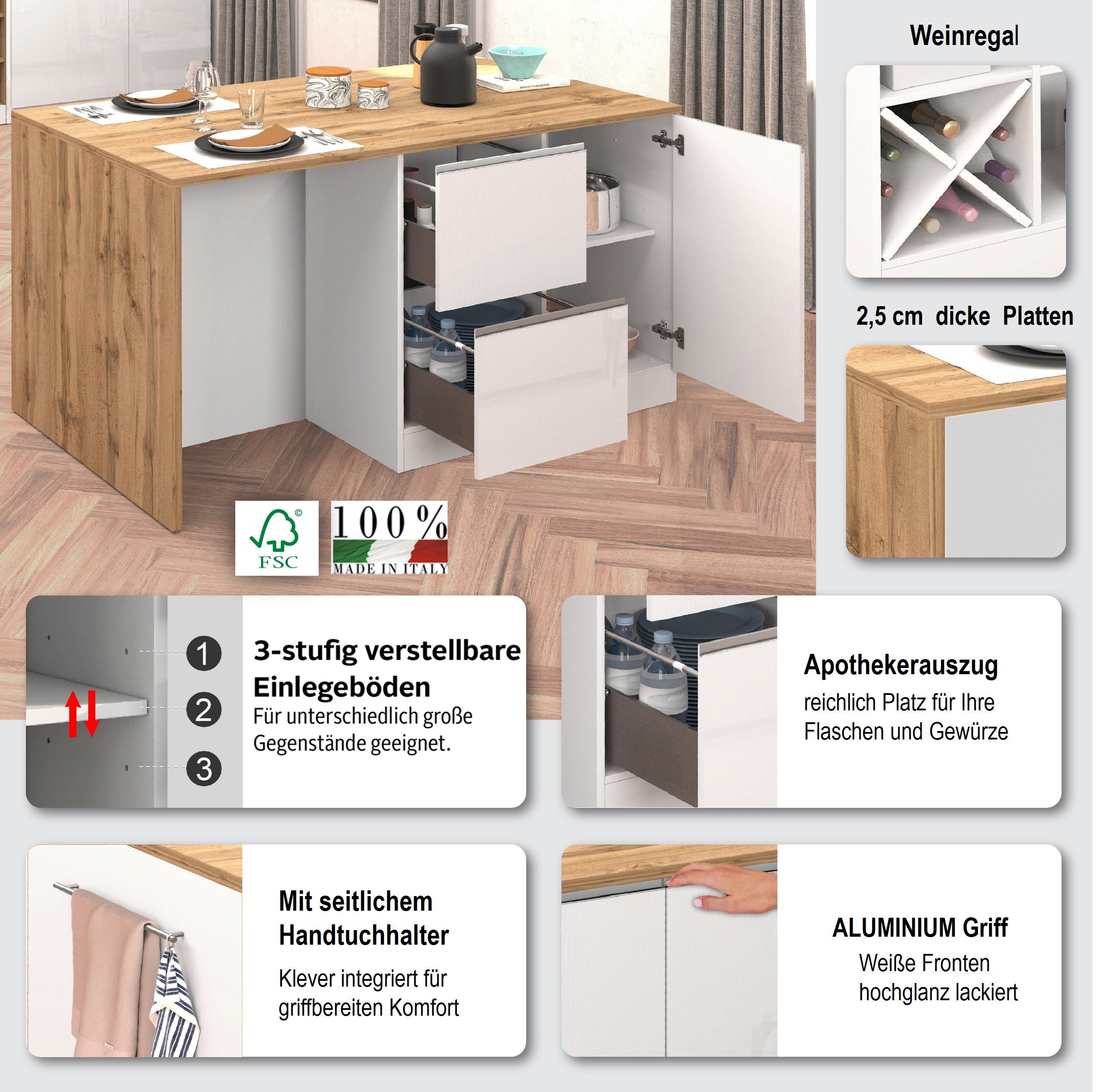 KOCHSTATION Kücheninsel KS-Sole, Kochinsel, Küchenarbeitsblock, Inselküche, Arbeitsinsel, Breite 152,5 cm, mit Essplatz, Handtuchhalter, Fächer und Weinregal