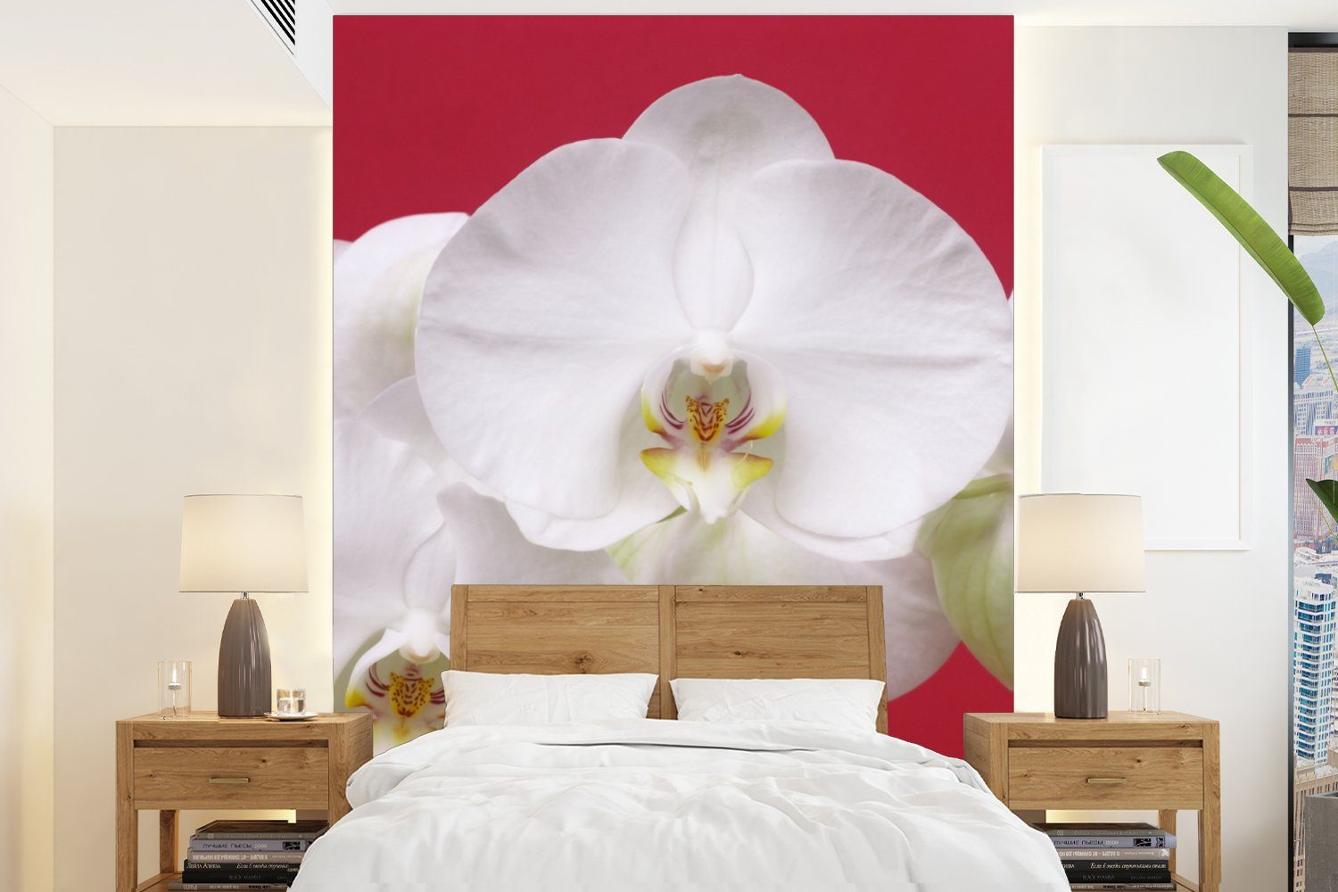 bedruckt, auf Rot, Orchidee Tapete Wandtapete für Vinyl MuchoWow Montagefertig Wohnzimmer, Matt, (4 Fototapete Weiße St),