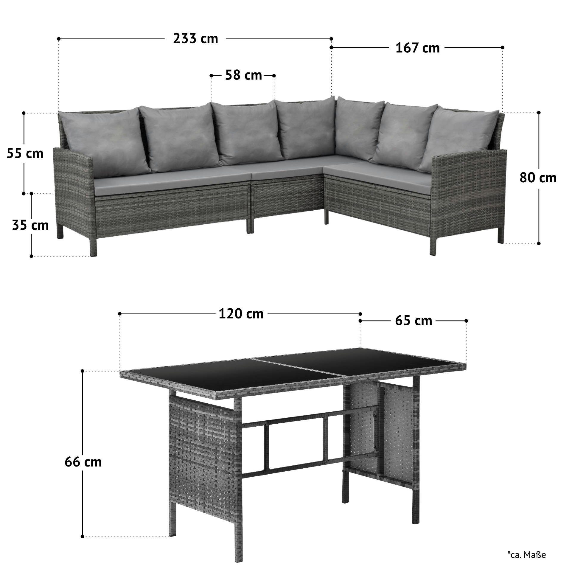 mit Lounge Grau | (Set, Grau MADISON, SVITA Tisch), Tisch Glasplatte 2-tlg., Sitzlounge, Eckbankgruppe mit Gartenlounge,