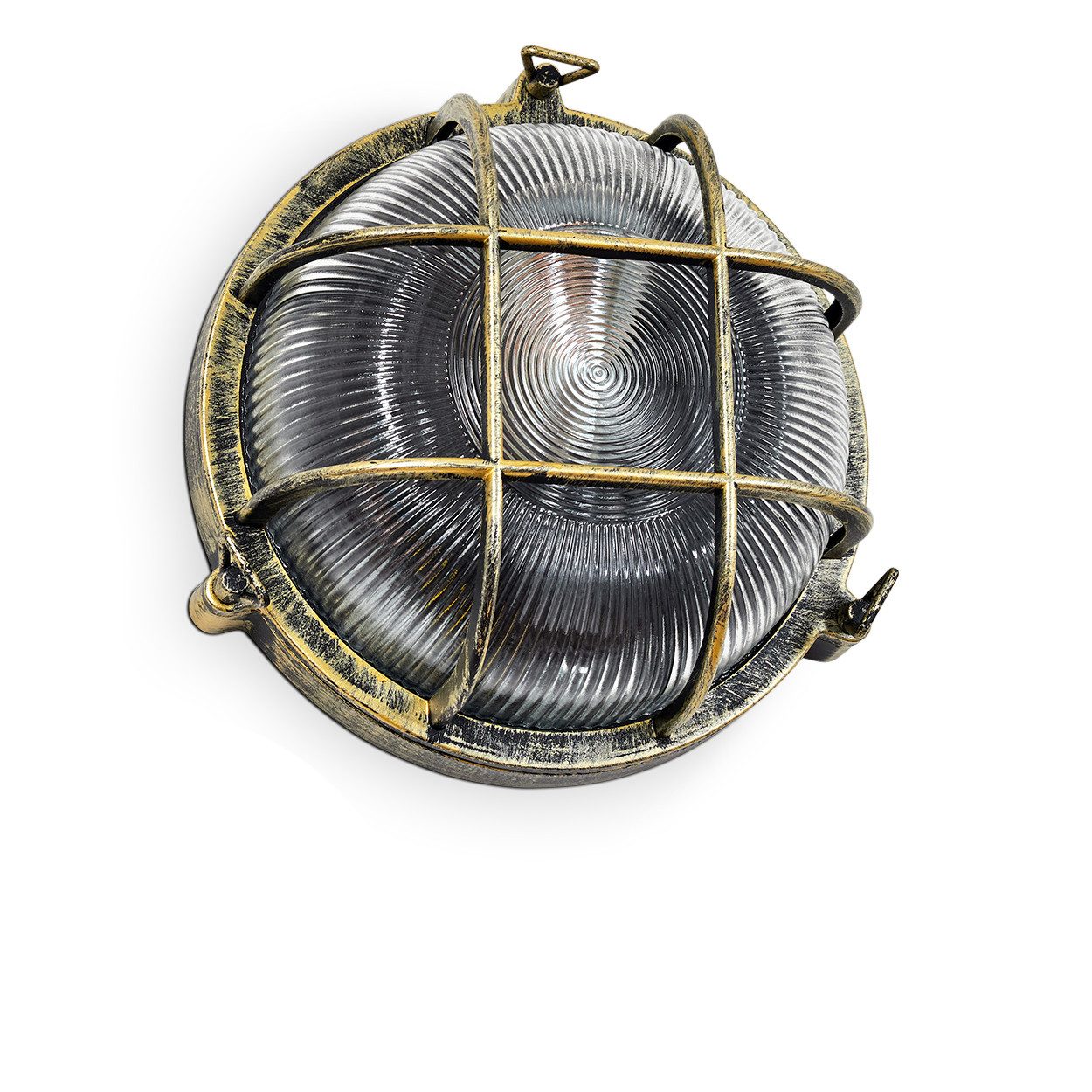 hofstein Außen-Deckenleuchte Außendeckenlampe aus Metall/Riffelglas in Schwarz/Goldfarben/Klar, ohne Leuchtmittel, Deckenleuchte draussen im Industrial/Retro/Vintage-Design, E27, IP44