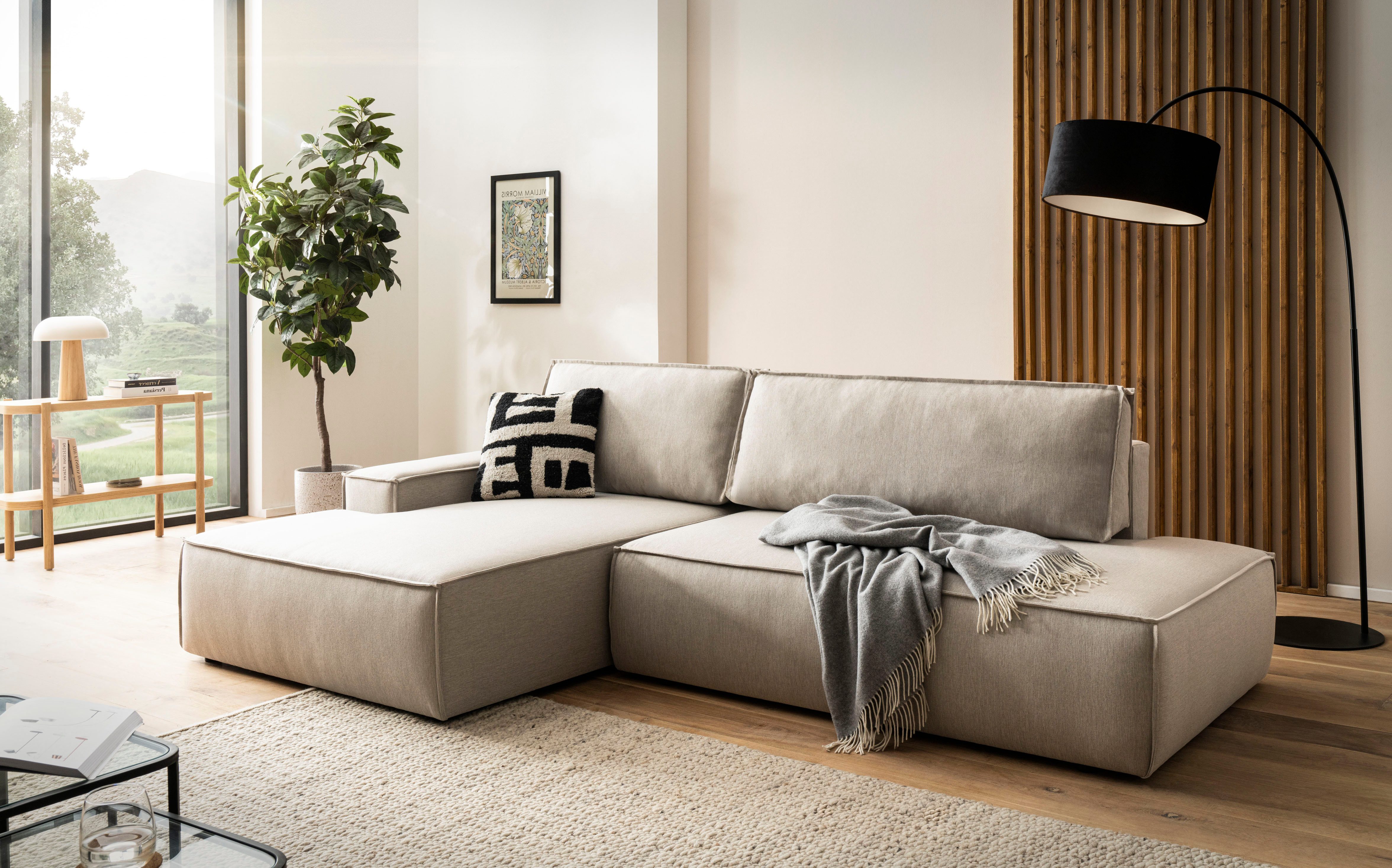 Ecksofa SHERWOOD, Schlafsofa in L-Form offen (275cm), Cord, Leinenoptik