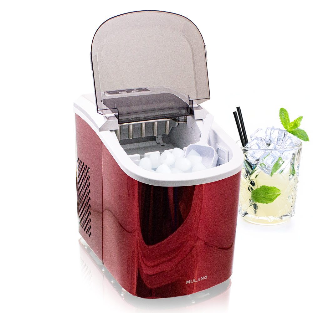 Mulano Elektrischer Eiswürfelbereiter Design Edelstahl Rot, mit transparentem Deckel MS-17106