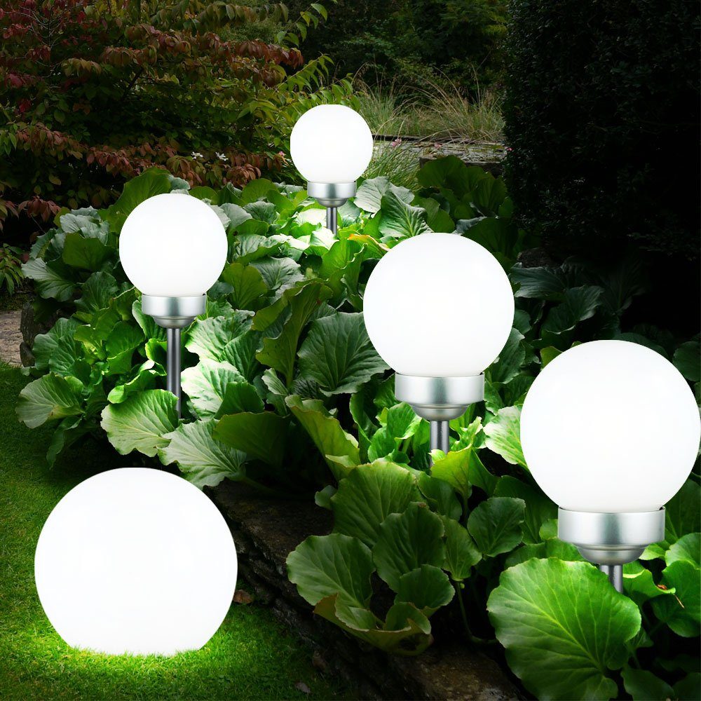 LED fest Außenlampe LED 5er verbaut, Set Erdspieß Gartenleuchte, Solarkugel LED-Leuchtmittel Börse weiß Expo Gartendeko Balkonlampe