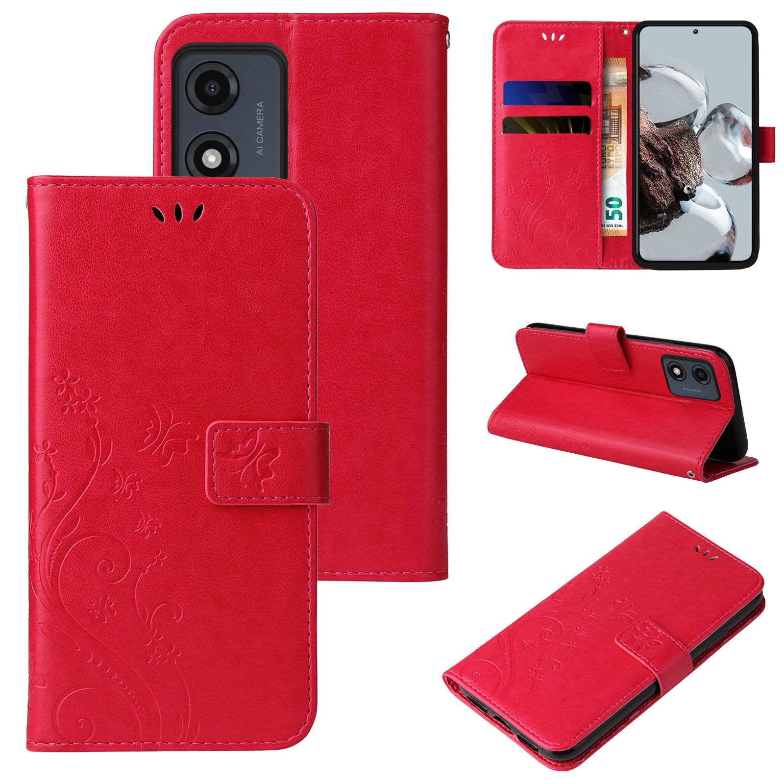 Tec-Expert Handyhülle Cover Tasche Hülle für Motorola Moto E13 6,5 Zoll, Klapphülle Case mit Kartenfach Fliphülle aufstellbar, Motiv Blumen