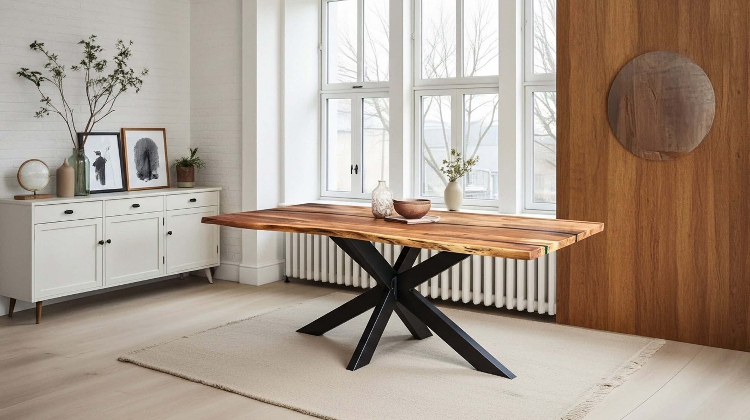 Massivart® Baumkantentisch TORVALD / Akazie massiv / (160/180/200) / Epoxidharz-Füllung, Baumkante · Metallgestell schwarz · handgefertigt · Industrial-Look