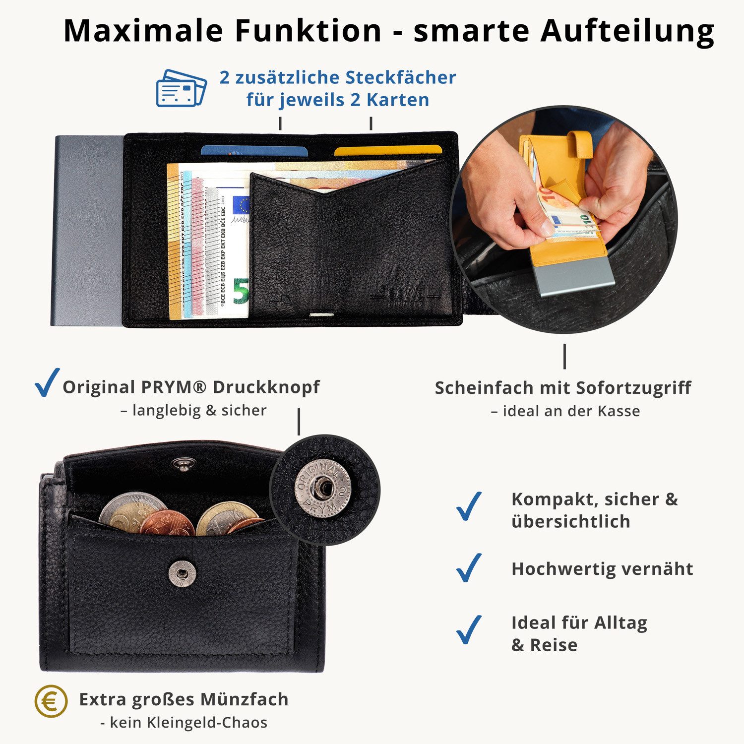 SecWal Geldbörse, Kartenetui mit Münzfach Druckknopf, Slim Wallet, RFID Schutz, Geldbeutel klein, für Damen und Herren