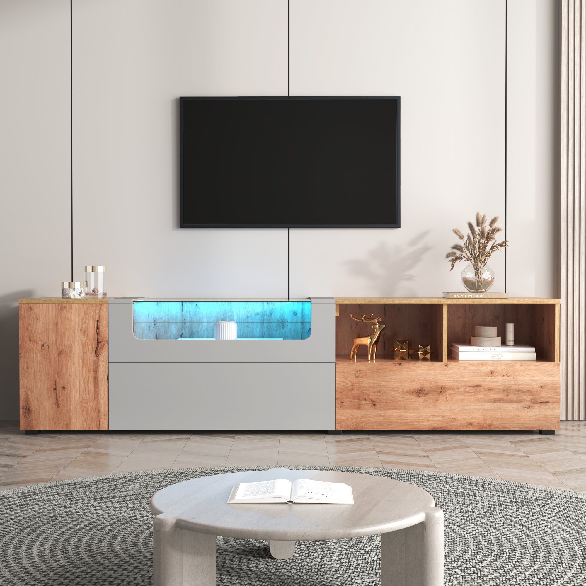 Celya TV-Schrank Lowboards, Mit farbwechselnden LED-Leuchten Glasplatte mit Fächern und Türen Hellgrau