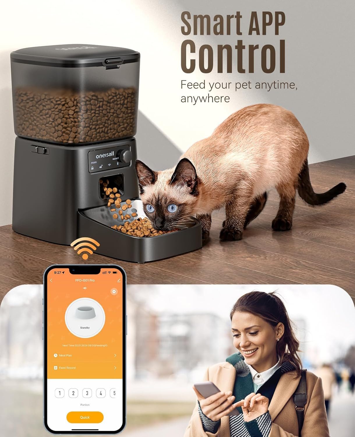 Purpurra Katzen-Futterautomat Oneisall Kabellos mit 100-Tage-Betriebszeit APP-Steuerung, 3L /5L