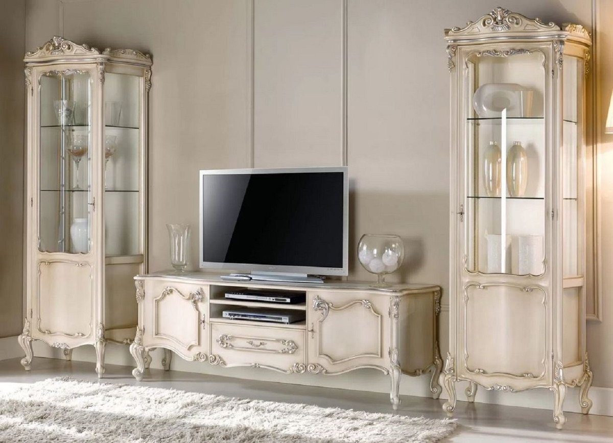Casa Padrino Vitrine - Vitrinen & - Barock Schrank 2 - Barock / Italy Made Hotel Silber Set Wohnzimmer Wohnzimmer - & Barock Cremefarben Qualität Möbel Luxus 1 TV Luxus in Barock