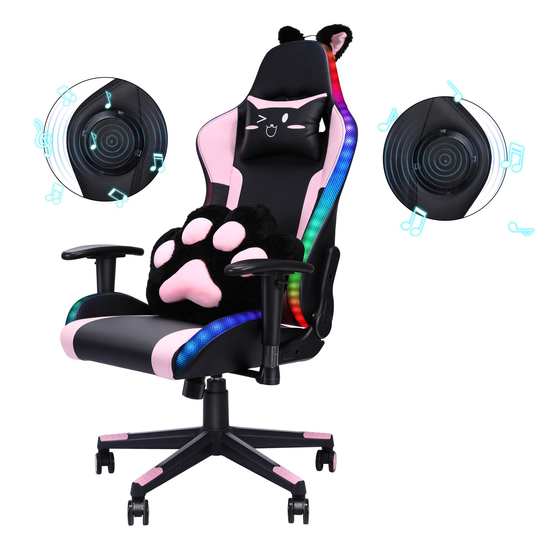 Gaming-Stuhl ergonomisch Gaming Chair Katzenohren , bunte Lichteffekte,  Lautsprecher