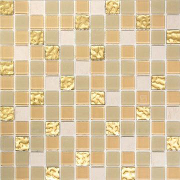Mosani Mosaikfliesen selbst­kle­bende Naturstein Glasmosaik Fliesen 30x30 cm weiss gold, Spritzwasserbereich geeignet, Küchenrückwand Spritzschutz